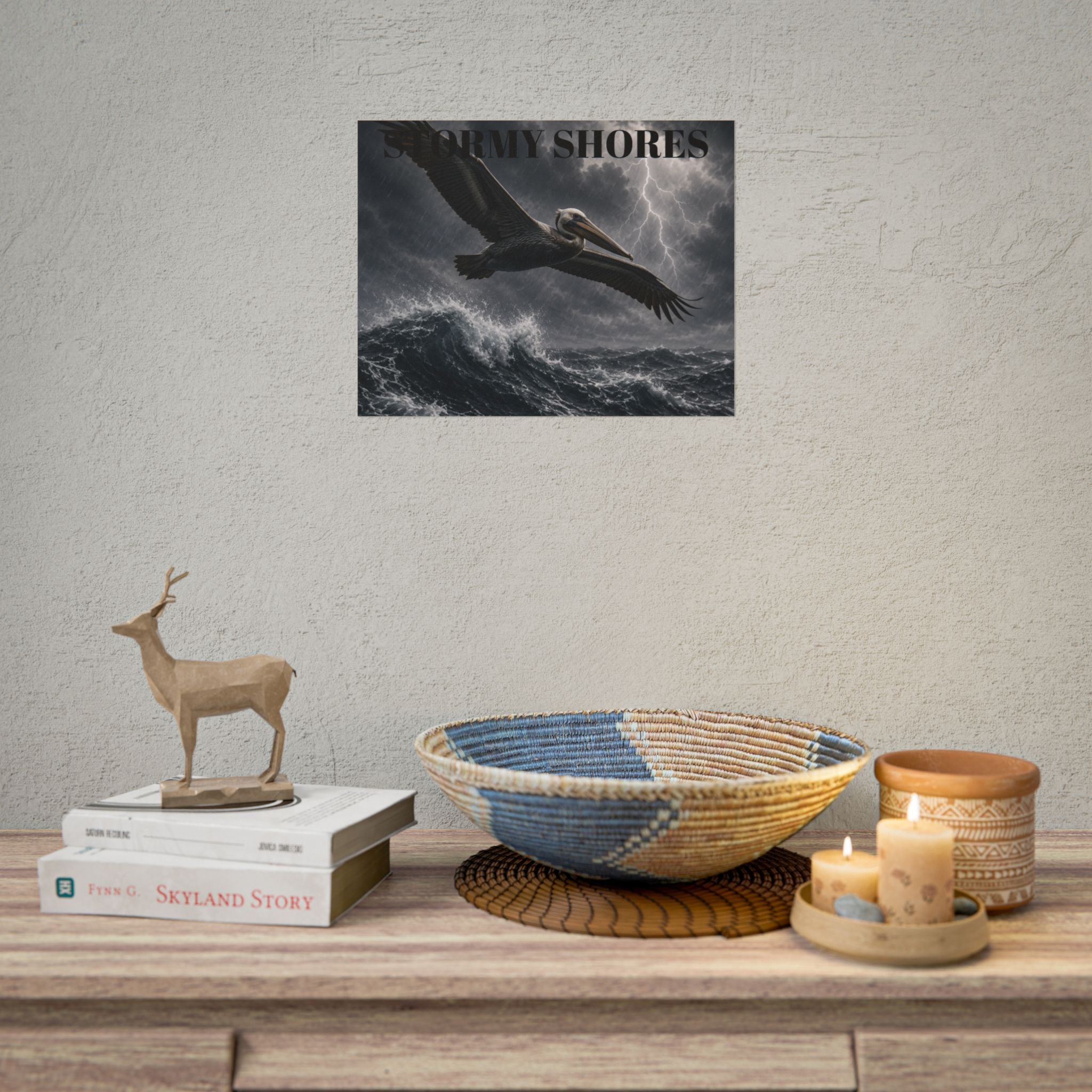 Stormy Shores Pelican Poster — Dramatic Ocean Wall Art, Rolled Poster