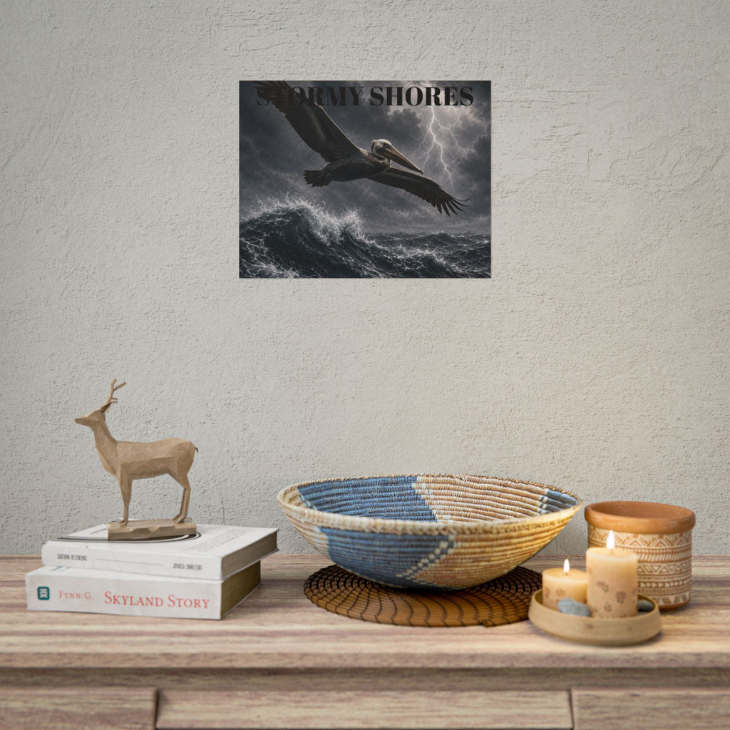 Stormy Shores Pelican Poster — Dramatic Ocean Wall Art, Rolled Poster