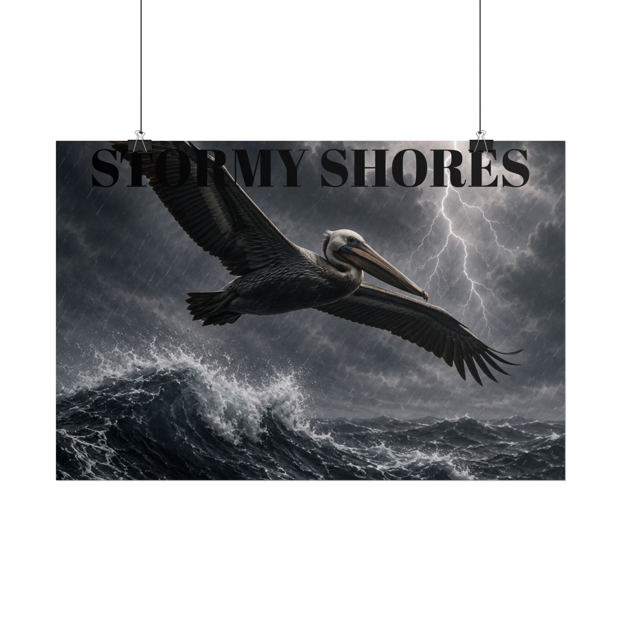 Stormy Shores Pelican Poster — Dramatic Ocean Wall Art, Rolled Poster