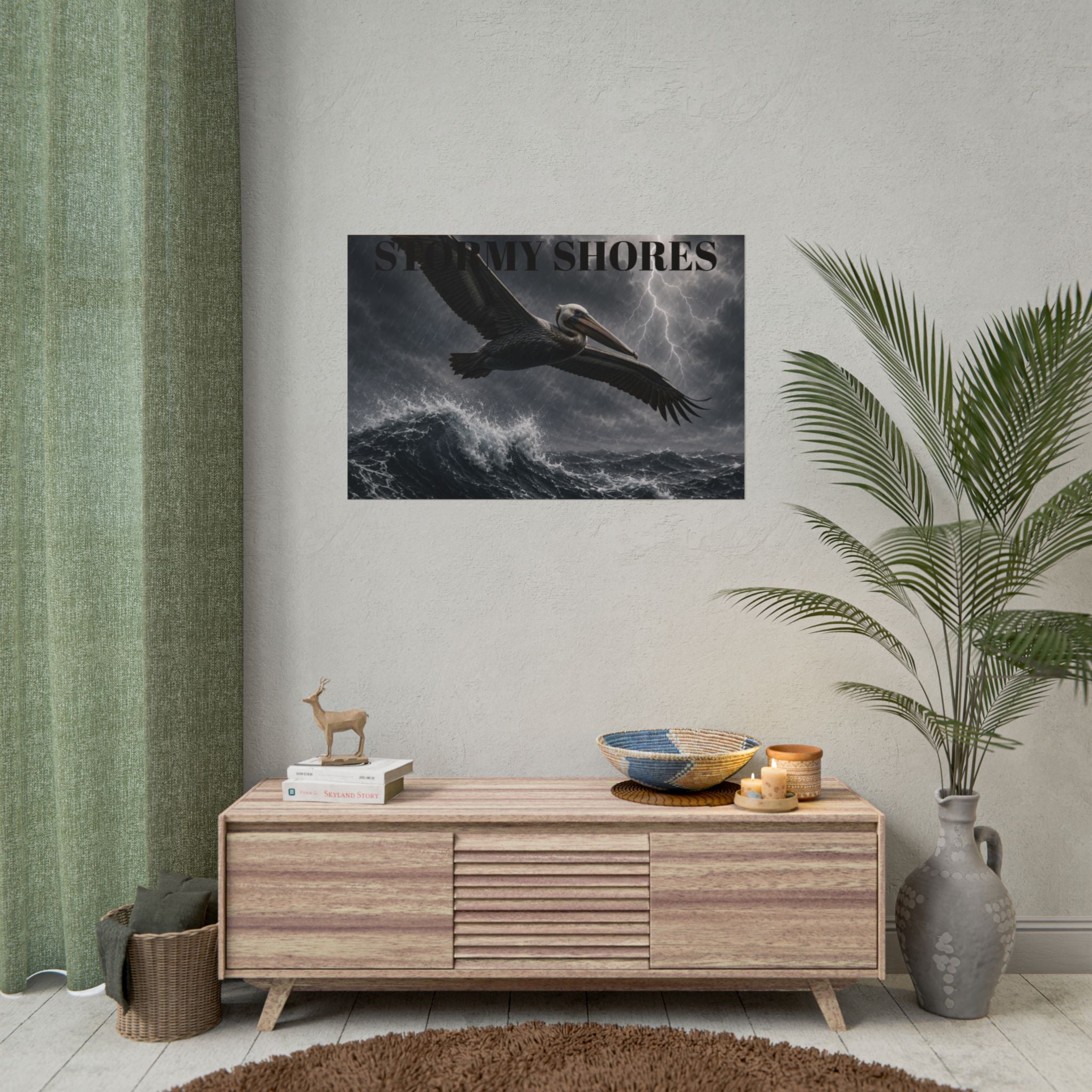 Stormy Shores Pelican Poster — Dramatic Ocean Wall Art, Rolled Poster
