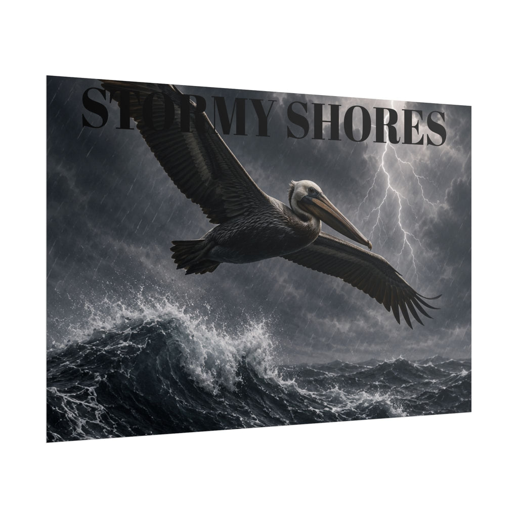 Stormy Shores Pelican Poster — Dramatic Ocean Wall Art, Rolled Poster