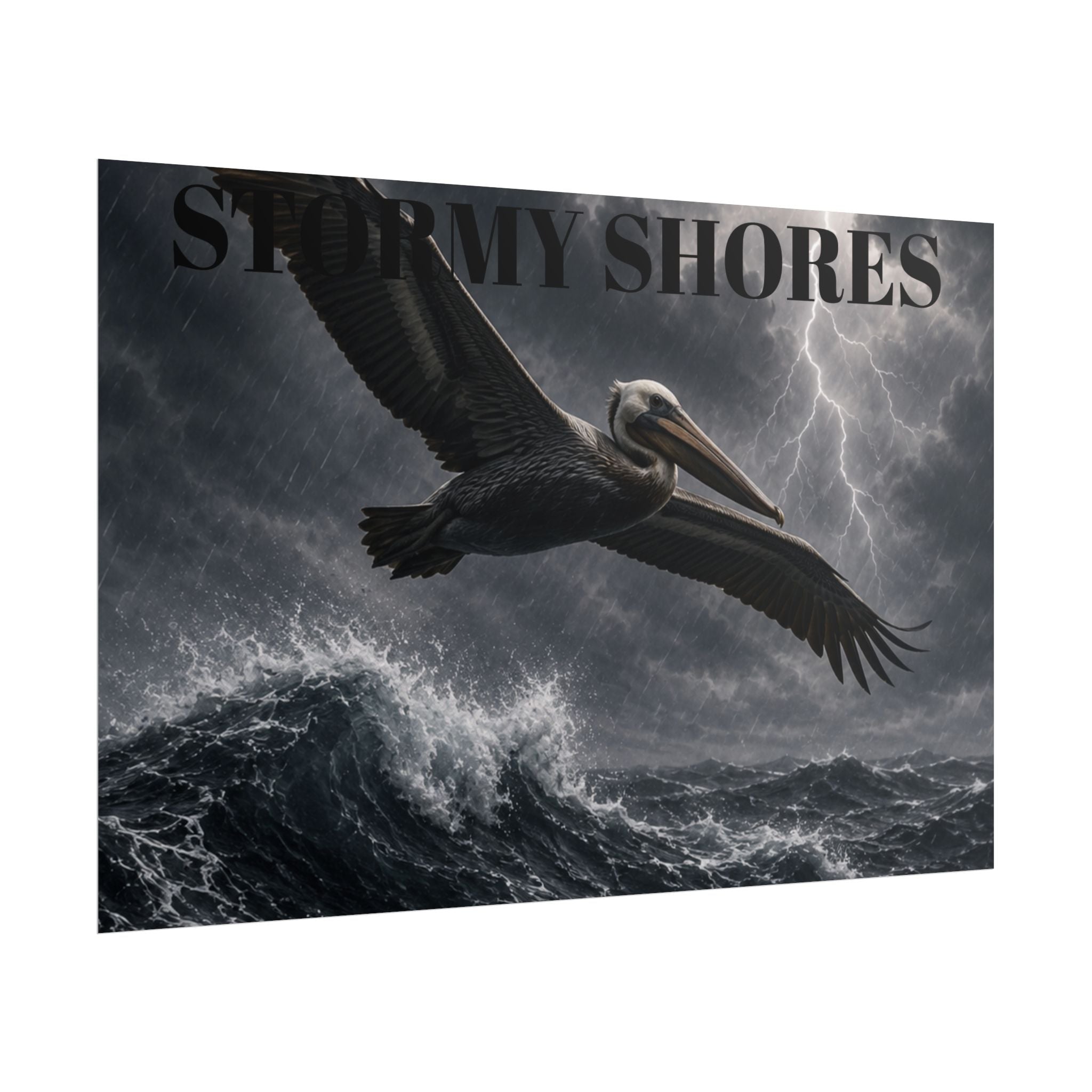 Stormy Shores Pelican Poster — Dramatic Ocean Wall Art, Rolled Poster
