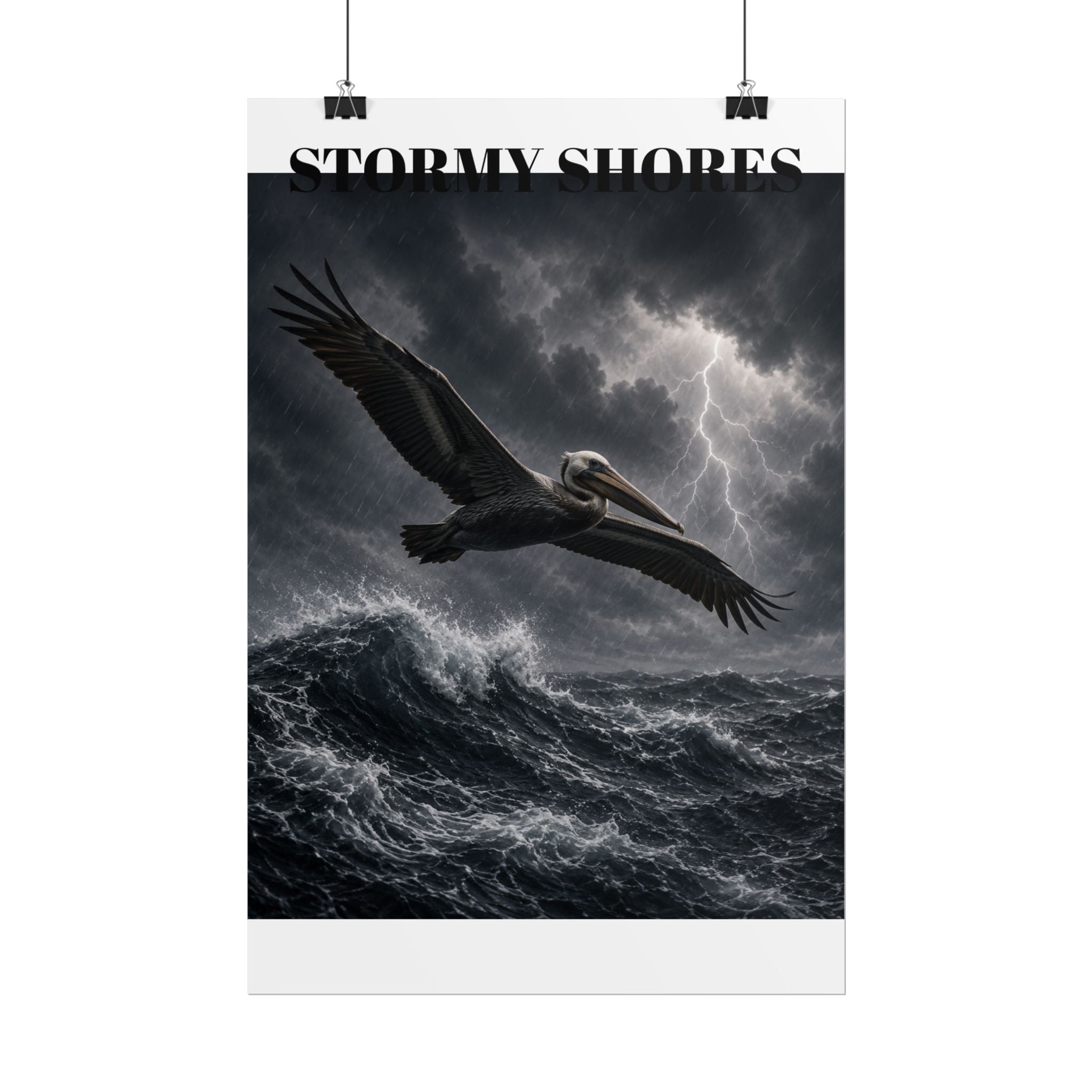 Stormy Shores Pelican Poster — Dramatic Ocean Wall Art, Rolled Poster