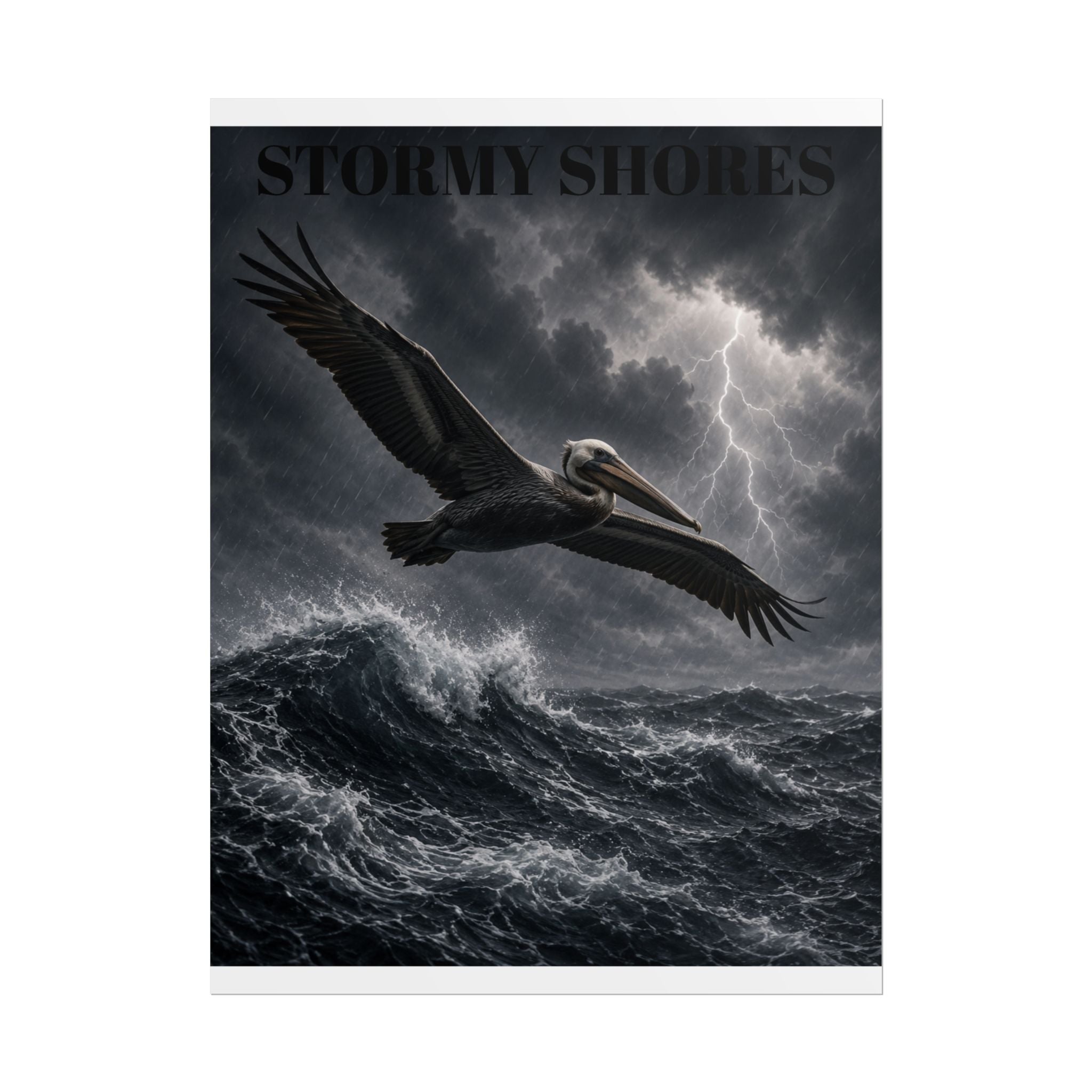 Stormy Shores Pelican Poster — Dramatic Ocean Wall Art, Rolled Poster