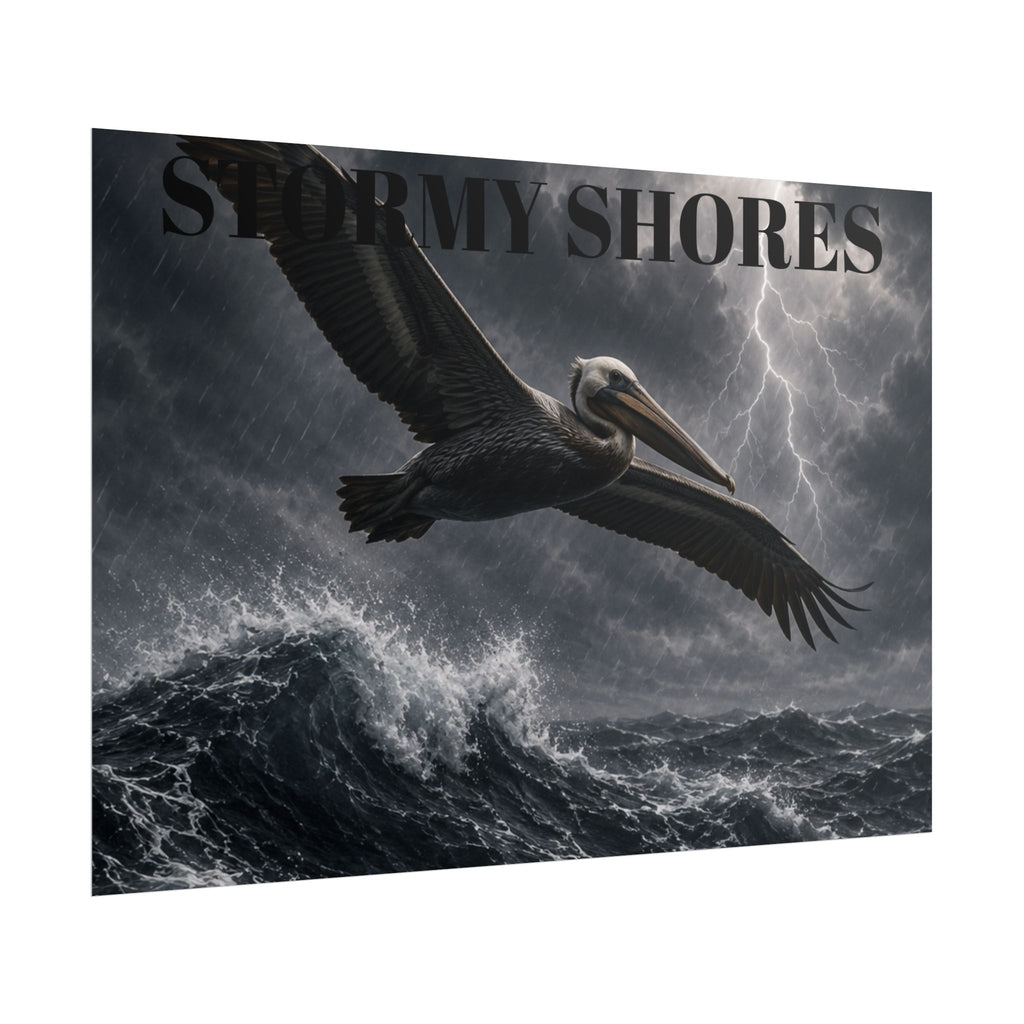 Stormy Shores Pelican Poster — Dramatic Ocean Wall Art, Rolled Poster