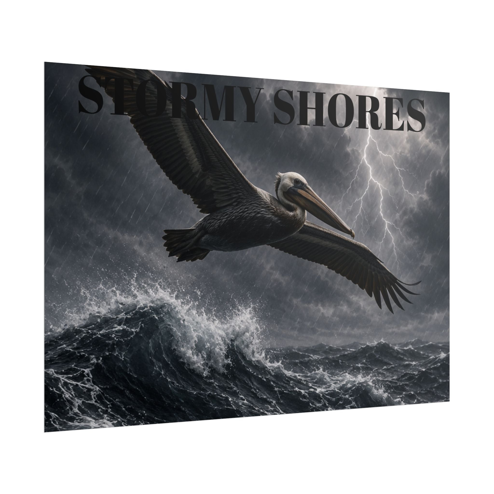 Stormy Shores Pelican Poster — Dramatic Ocean Wall Art, Rolled Poster