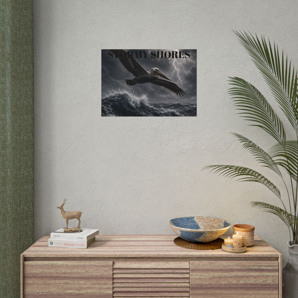 Stormy Shores Pelican Poster — Dramatic Ocean Wall Art, Rolled Poster
