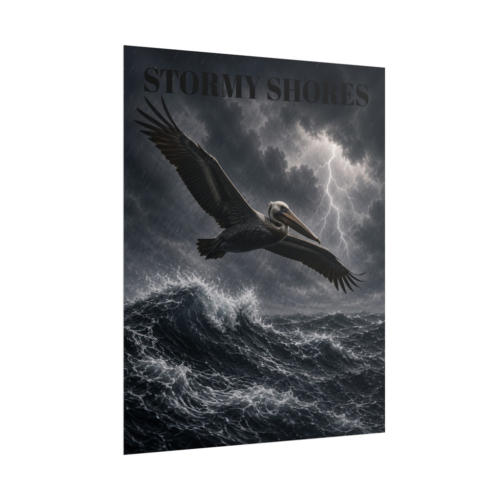 Stormy Shores Pelican Poster — Dramatic Ocean Wall Art, Rolled Poster