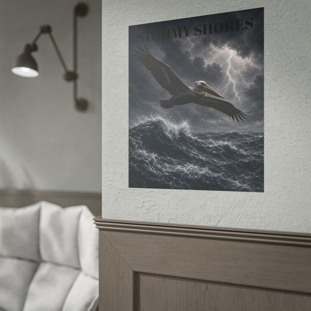Stormy Shores Pelican Poster — Dramatic Ocean Wall Art, Rolled Poster