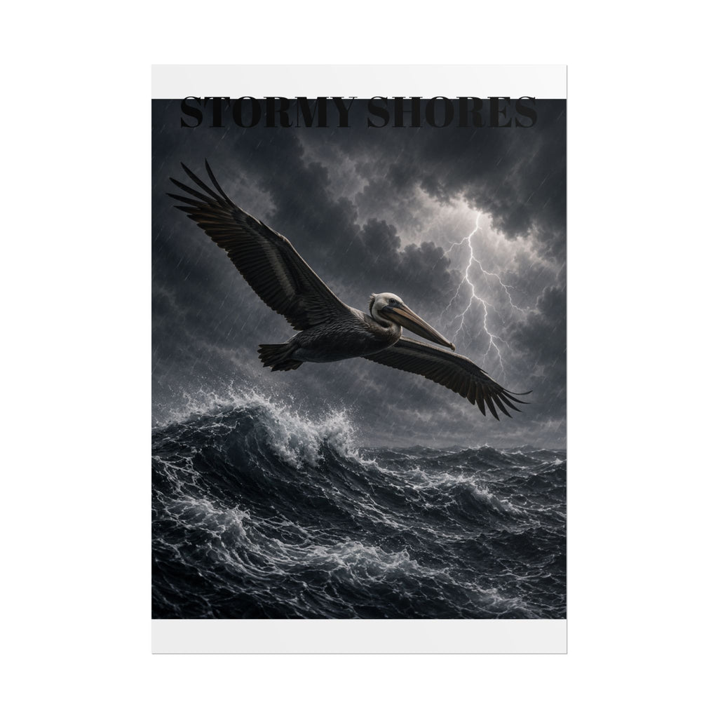 Stormy Shores Pelican Poster — Dramatic Ocean Wall Art, Rolled Poster