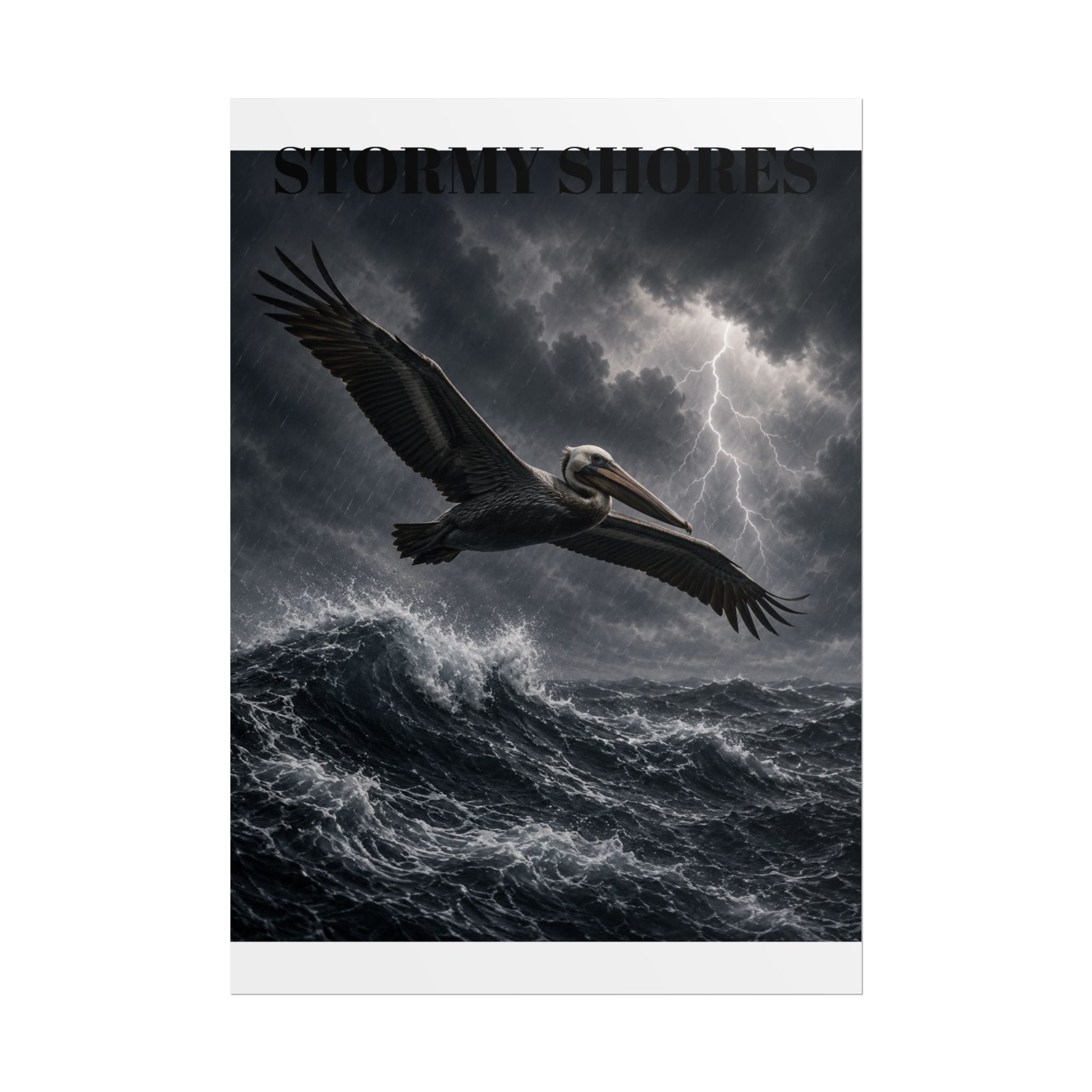 Stormy Shores Pelican Poster — Dramatic Ocean Wall Art, Rolled Poster