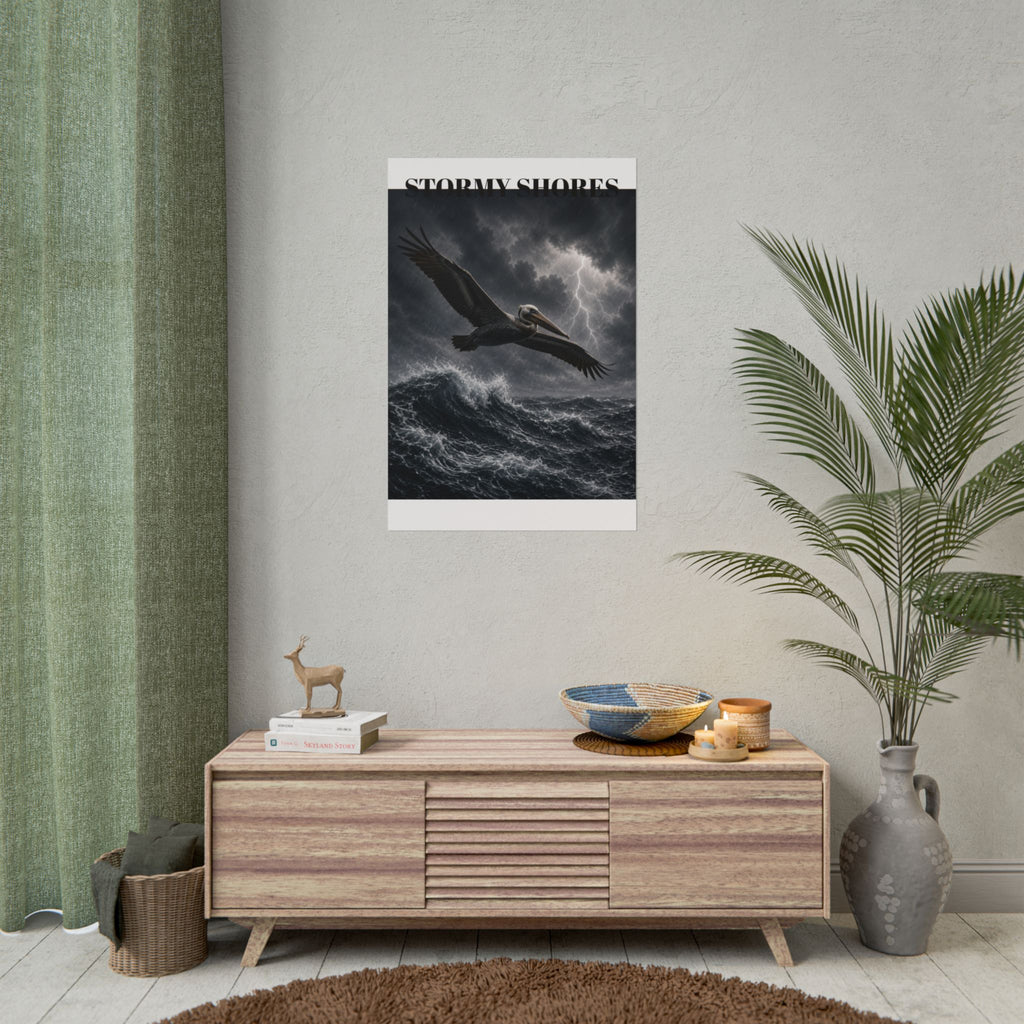 Stormy Shores Pelican Poster — Dramatic Ocean Wall Art, Rolled Poster