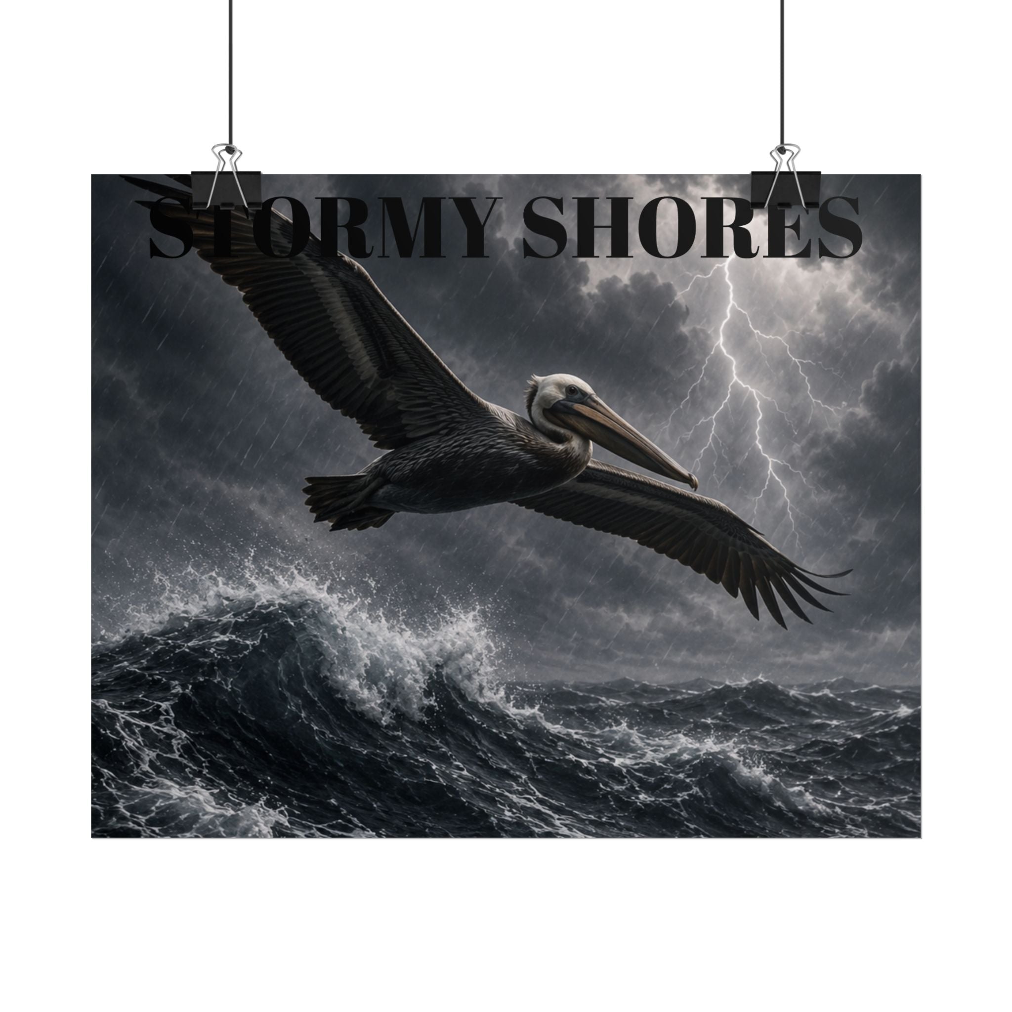 Stormy Shores Pelican Poster — Dramatic Ocean Wall Art, Rolled Poster