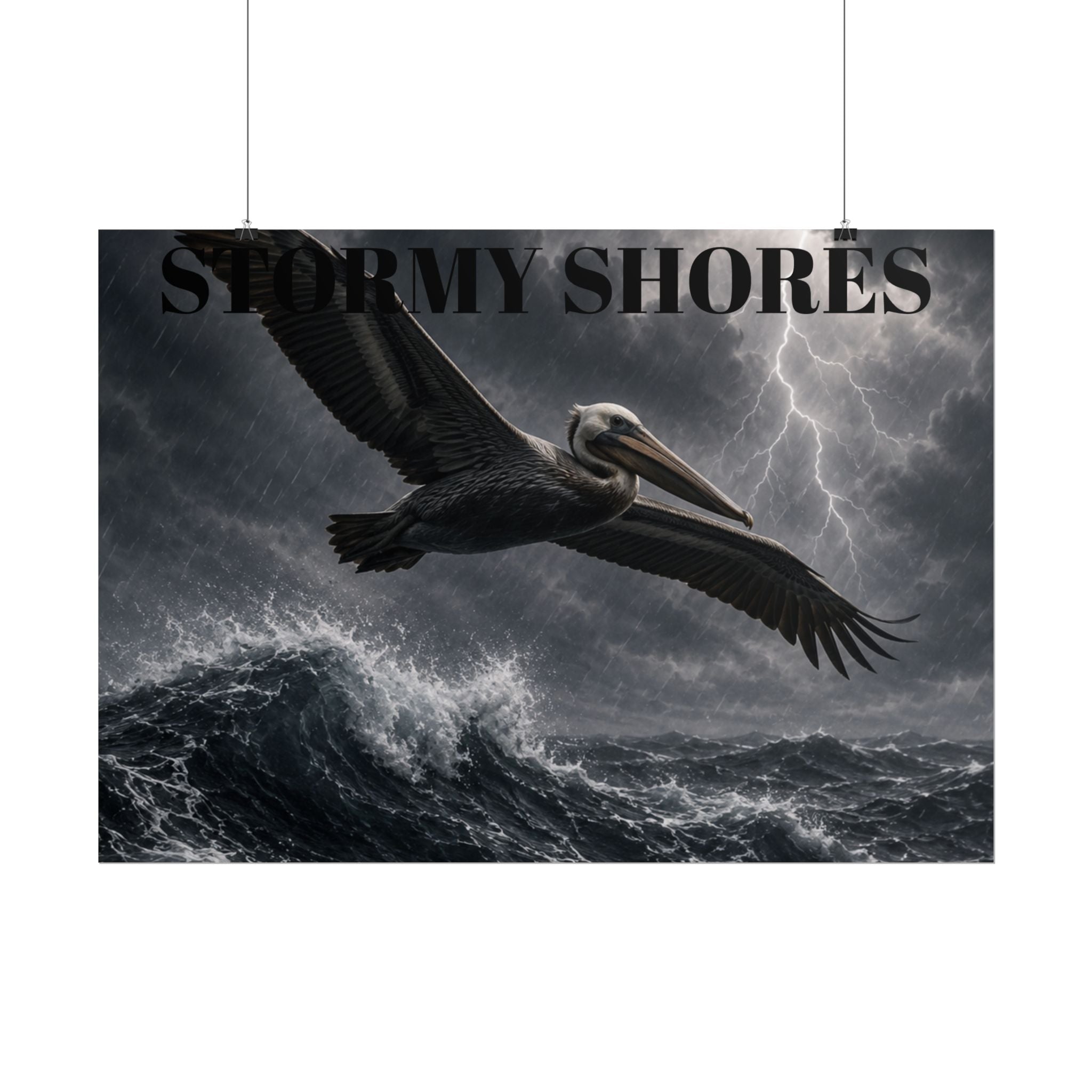 Stormy Shores Pelican Poster — Dramatic Ocean Wall Art, Rolled Poster