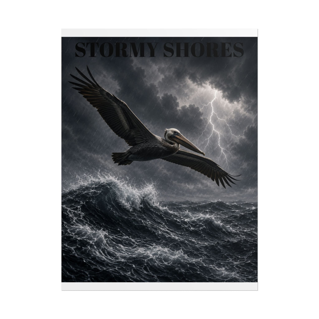 Stormy Shores Pelican Poster — Dramatic Ocean Wall Art, Rolled Poster