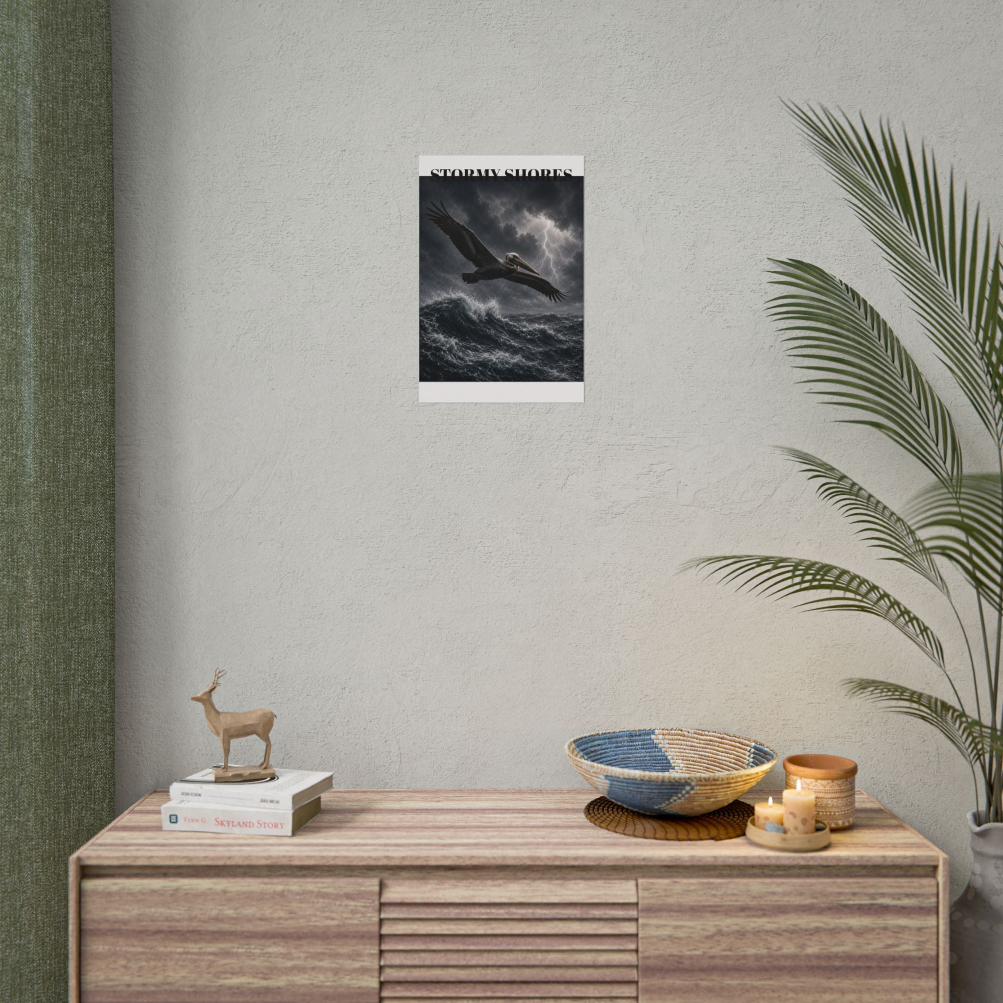 Stormy Shores Pelican Poster — Dramatic Ocean Wall Art, Rolled Poster
