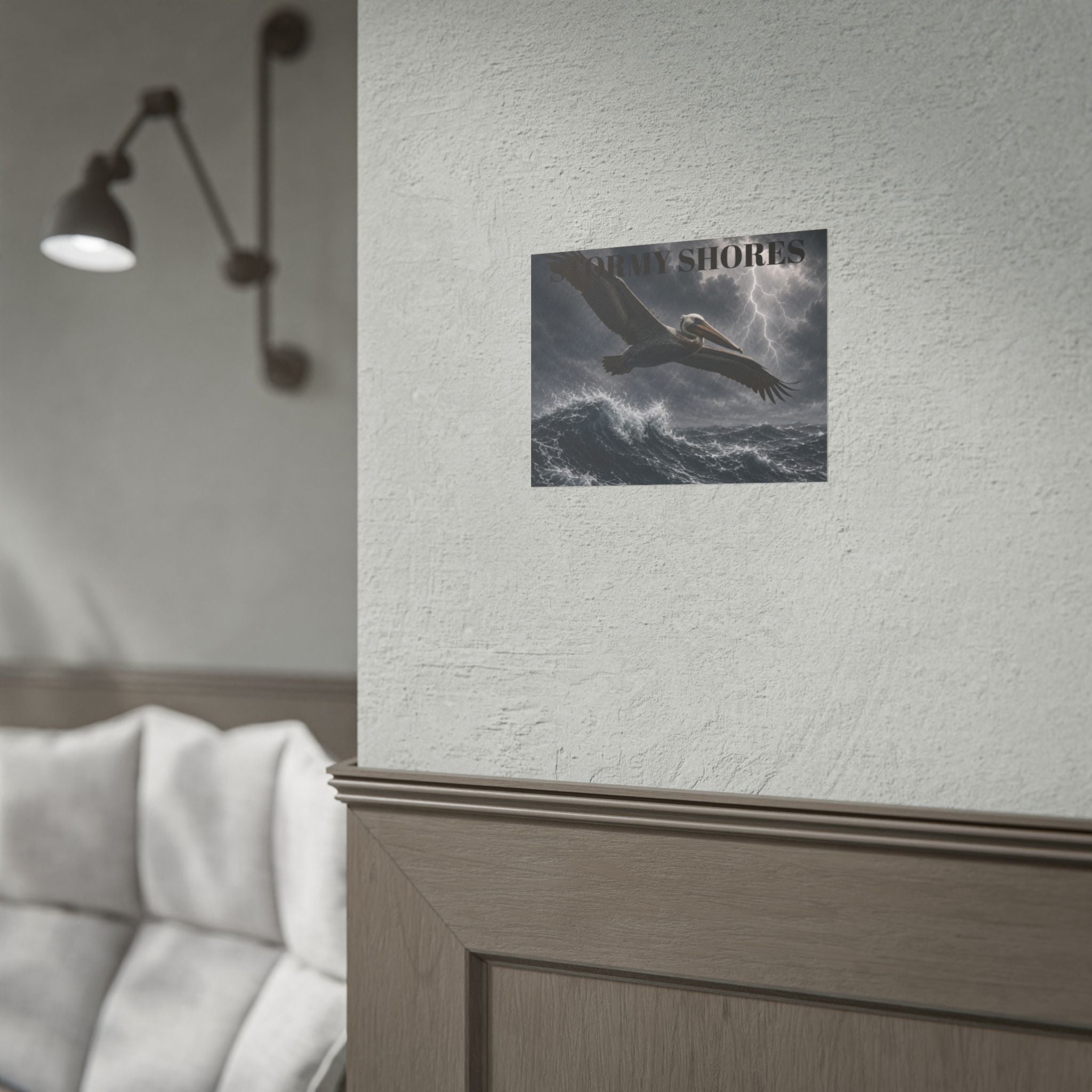 Stormy Shores Pelican Poster — Dramatic Ocean Wall Art, Rolled Poster