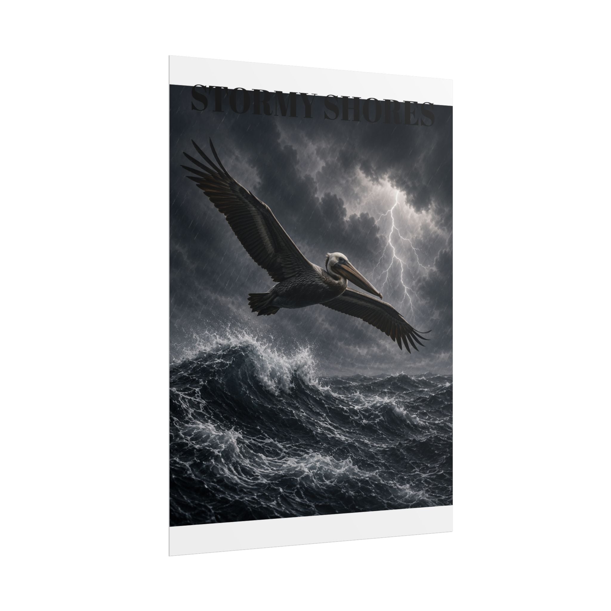 Stormy Shores Pelican Poster — Dramatic Ocean Wall Art, Rolled Poster