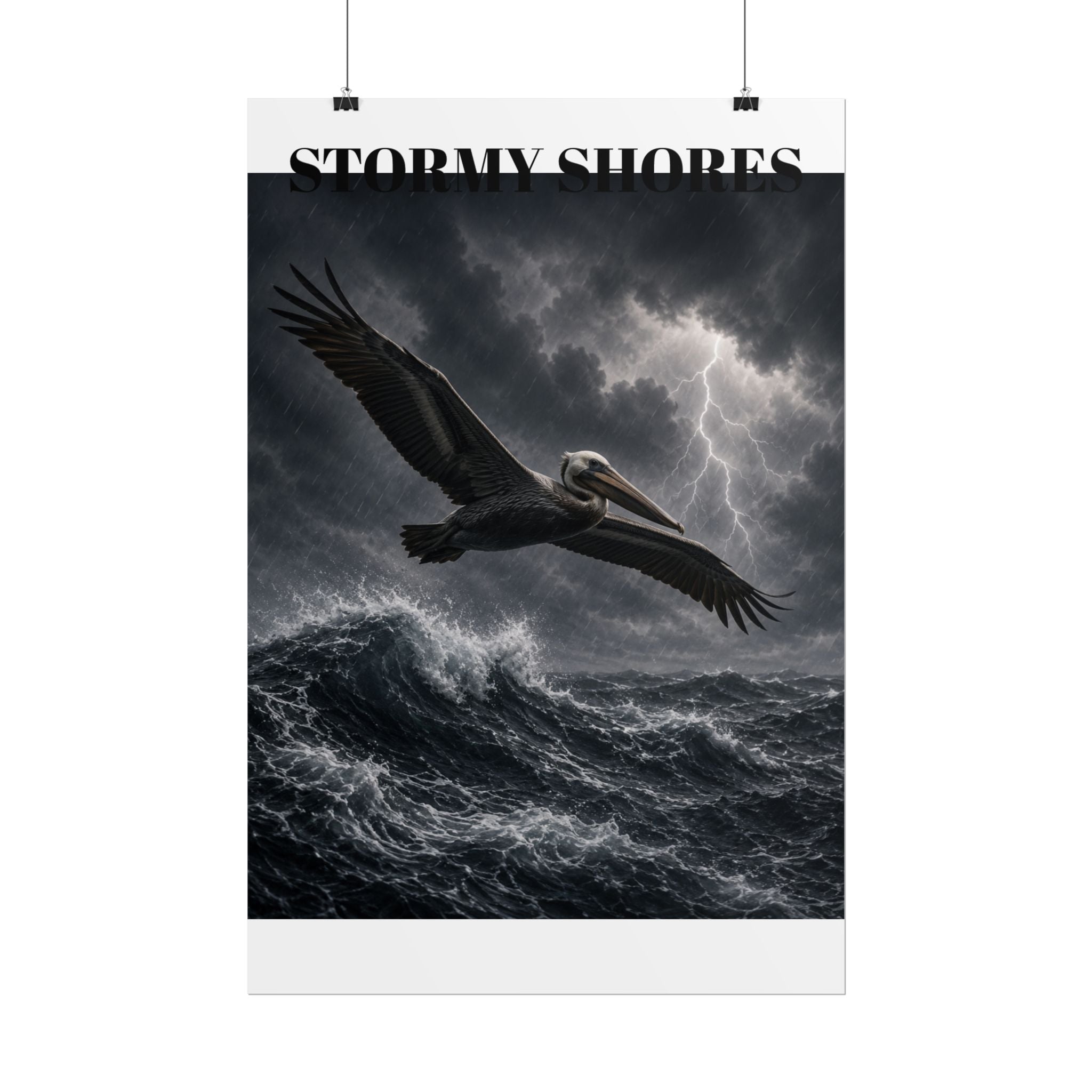 Stormy Shores Pelican Poster — Dramatic Ocean Wall Art, Rolled Poster