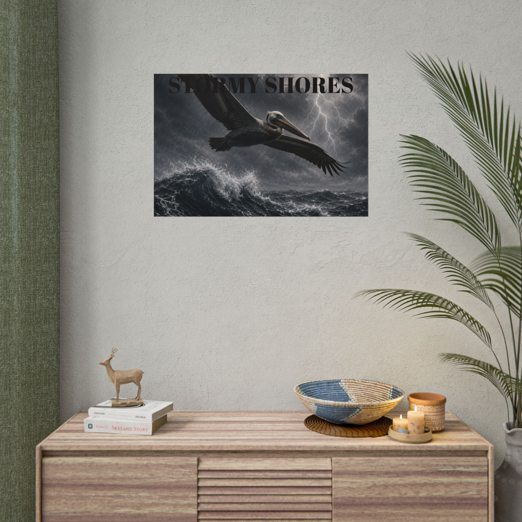 Stormy Shores Pelican Poster — Dramatic Ocean Wall Art, Rolled Poster