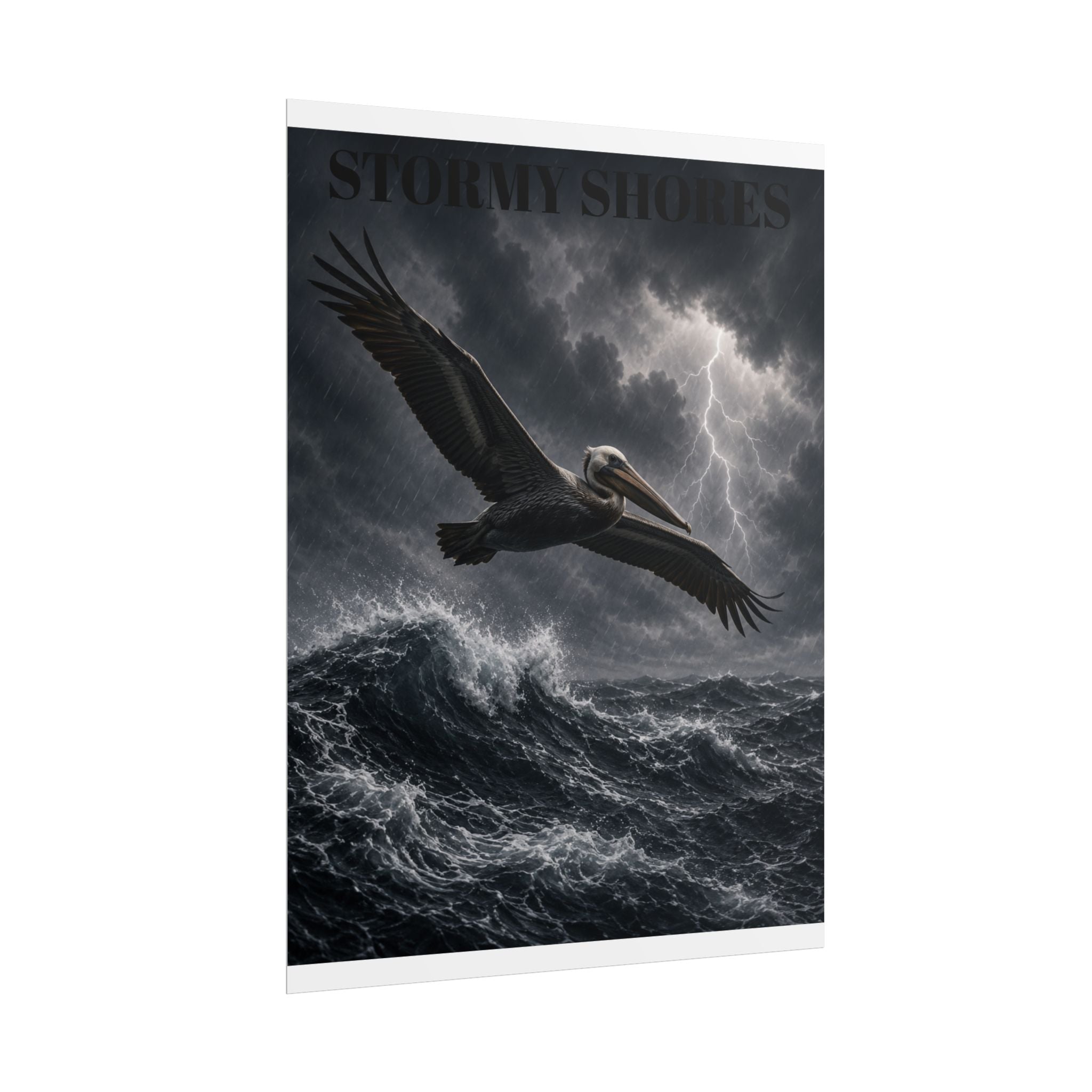 Stormy Shores Pelican Poster — Dramatic Ocean Wall Art, Rolled Poster