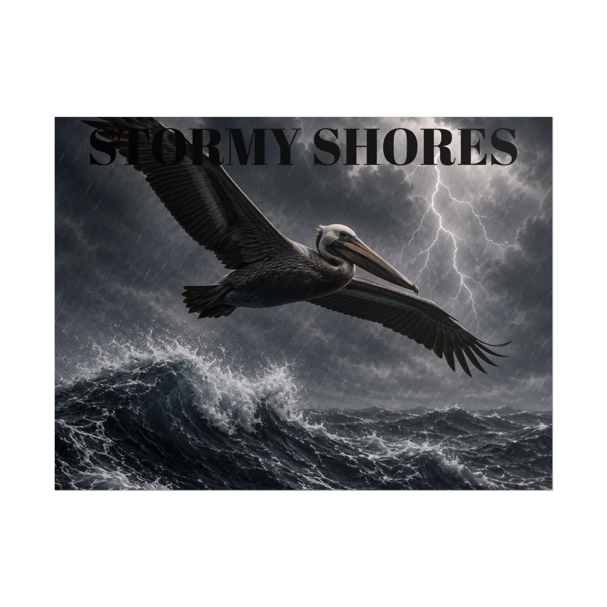 Stormy Shores Pelican Poster — Dramatic Ocean Wall Art, Rolled Poster