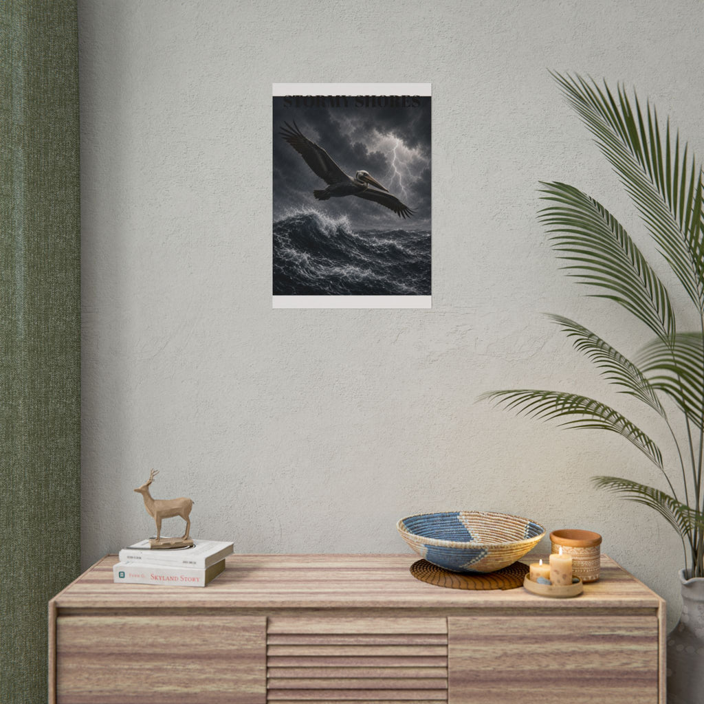 Stormy Shores Pelican Poster — Dramatic Ocean Wall Art, Rolled Poster