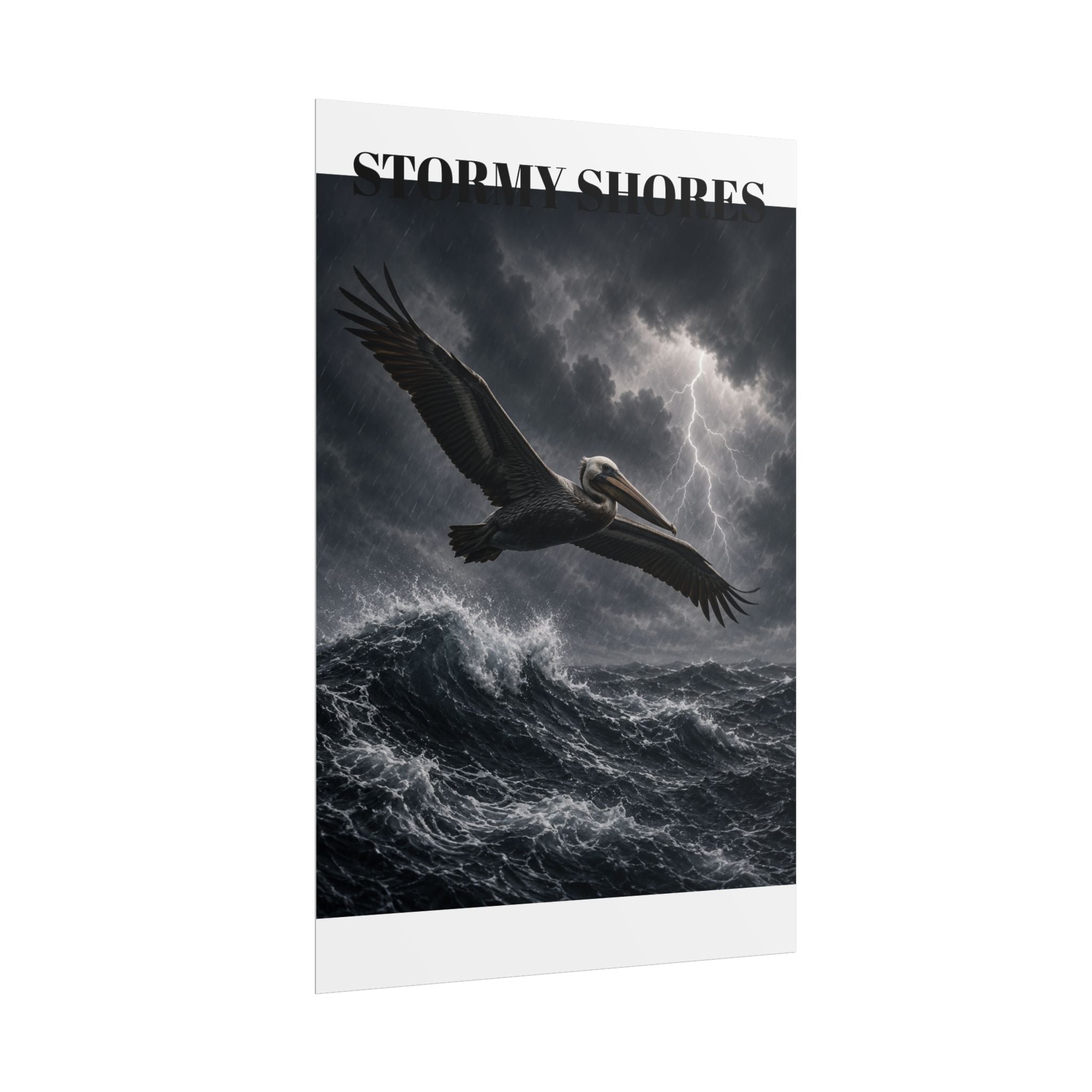 Stormy Shores Pelican Poster — Dramatic Ocean Wall Art, Rolled Poster