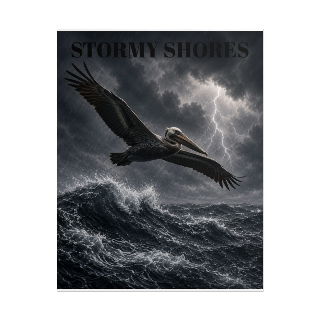 Stormy Shores Pelican Poster — Dramatic Ocean Wall Art, Rolled Poster