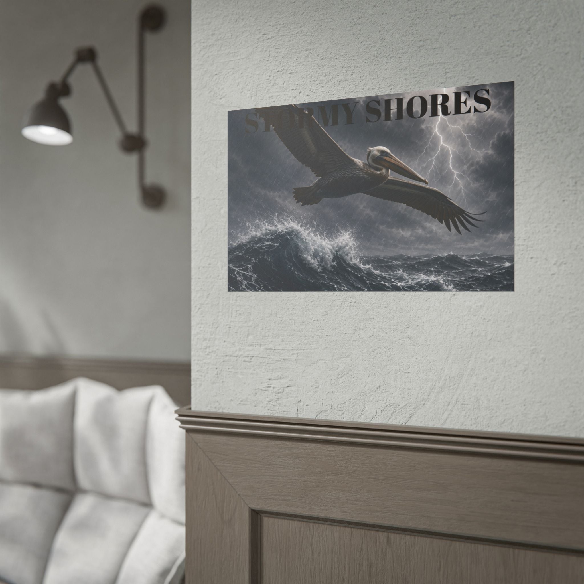 Stormy Shores Pelican Poster — Dramatic Ocean Wall Art, Rolled Poster