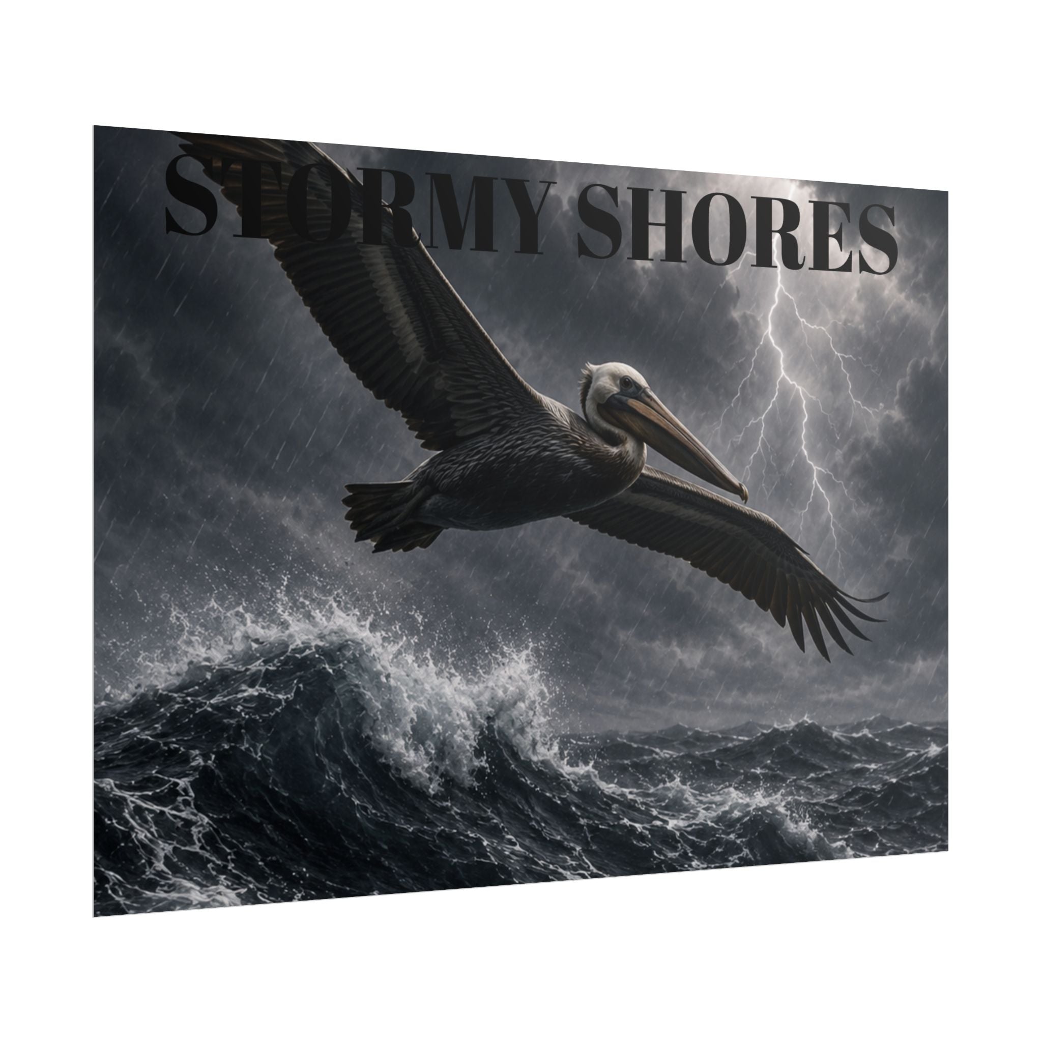 Stormy Shores Pelican Poster — Dramatic Ocean Wall Art, Rolled Poster