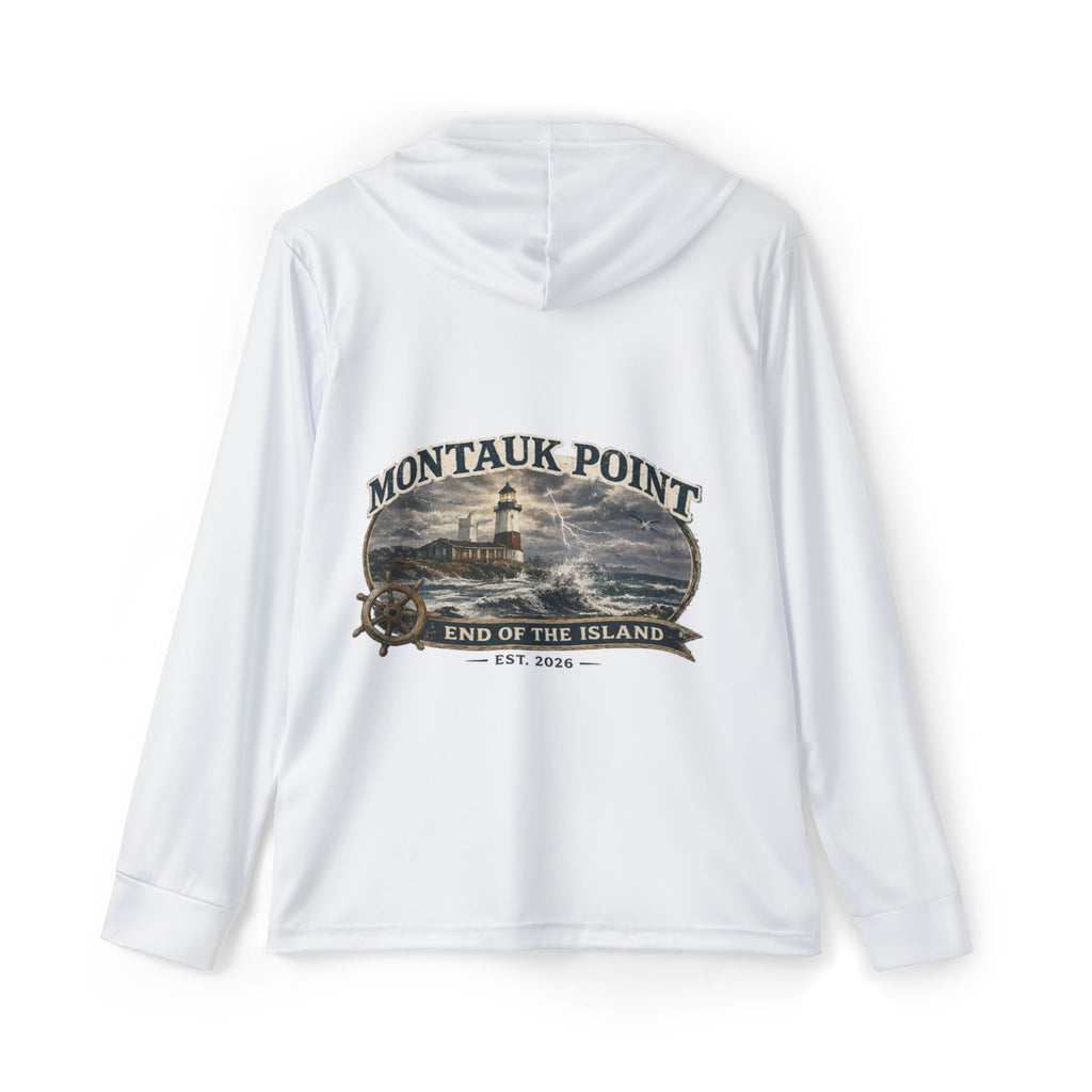 Montauk Point Lighthouse Men's Sports Warmup Hoodie — 'Stormy Shores' Graphic