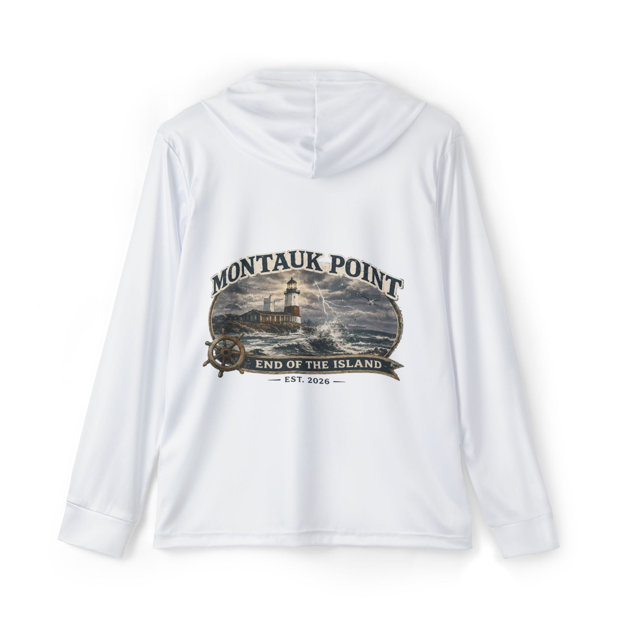 Montauk Point Lighthouse Men's Sports Warmup Hoodie — 'Stormy Shores' Graphic