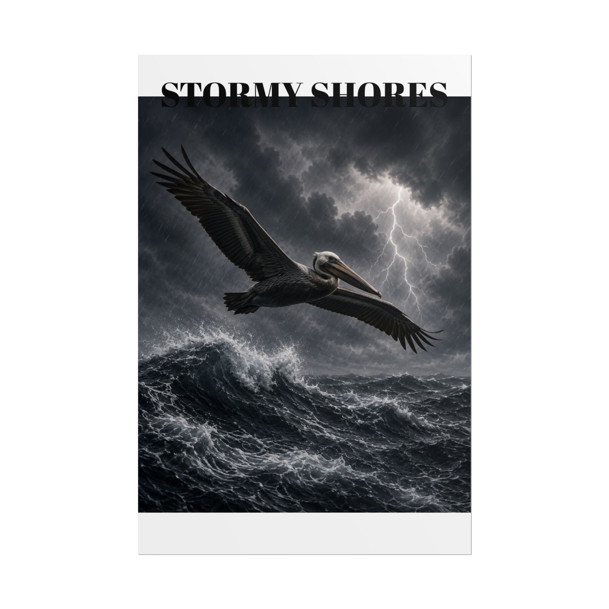 Stormy Shores Pelican Poster — Dramatic Ocean Wall Art, Rolled Poster