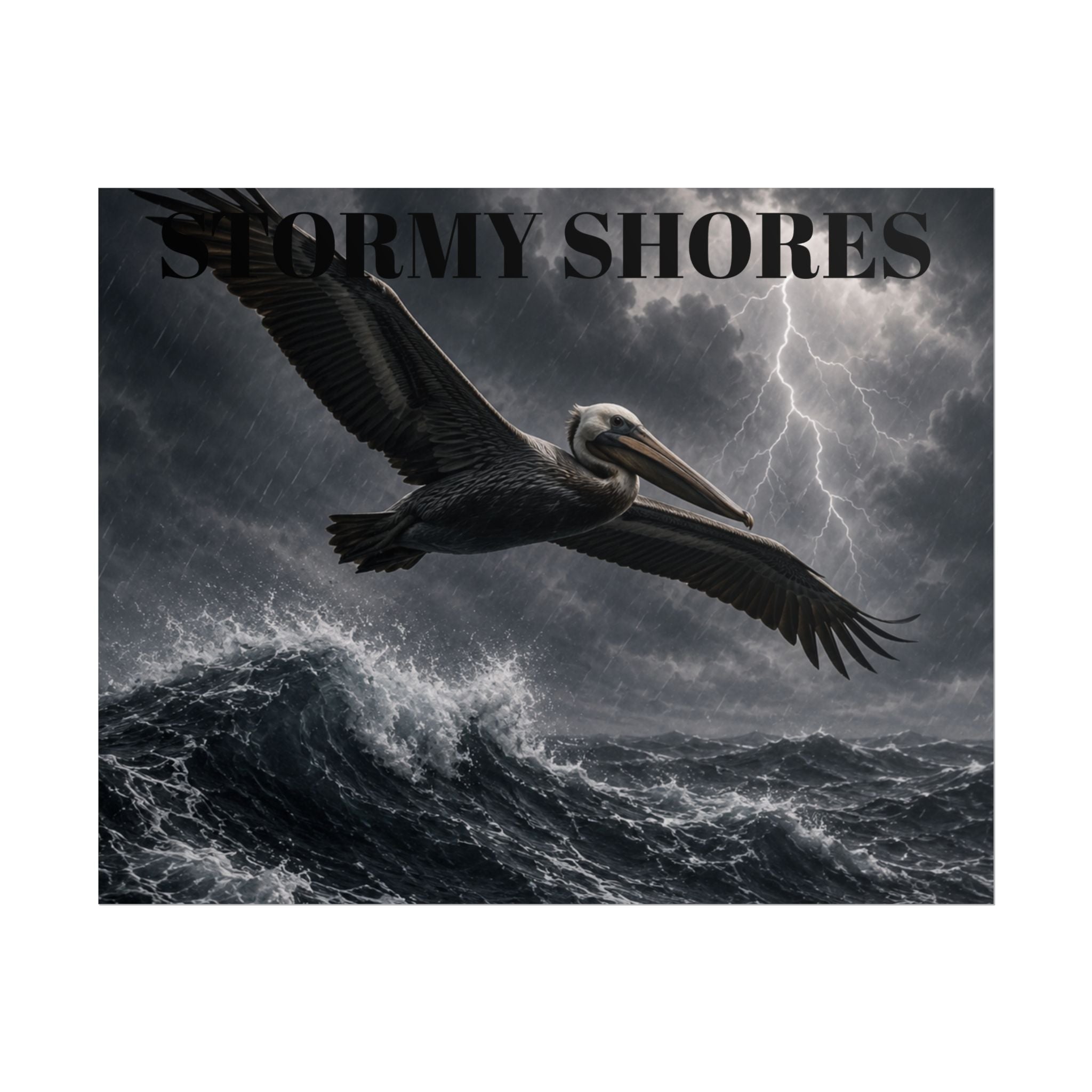 Stormy Shores Pelican Poster — Dramatic Ocean Wall Art, Rolled Poster