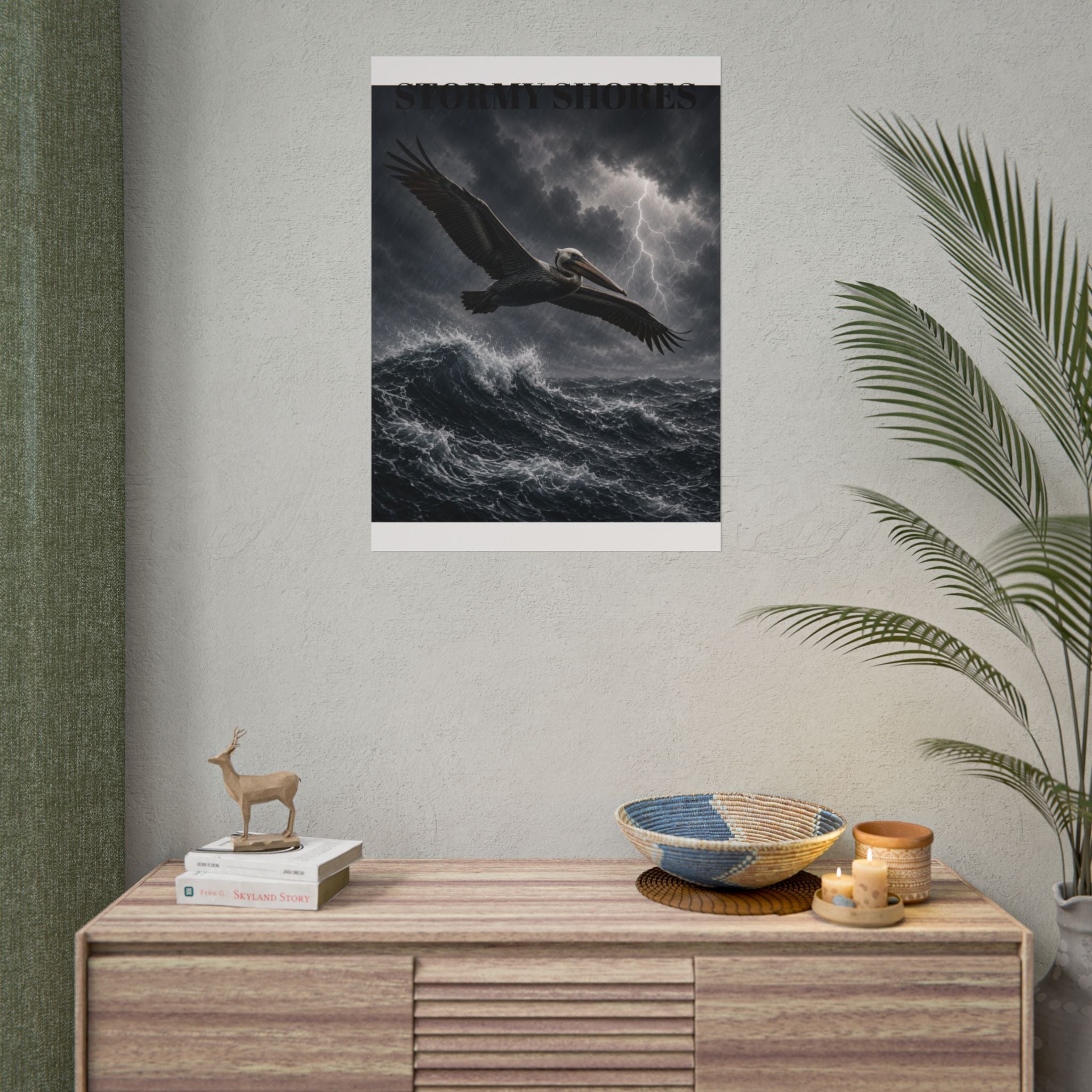 Stormy Shores Pelican Poster — Dramatic Ocean Wall Art, Rolled Poster