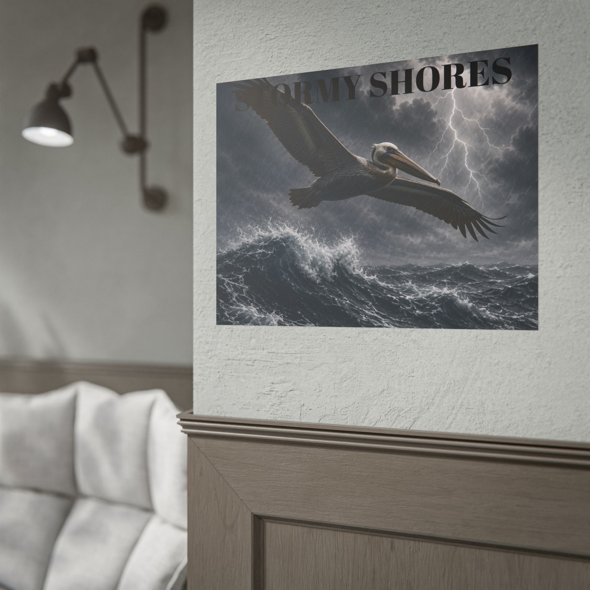 Stormy Shores Pelican Poster — Dramatic Ocean Wall Art, Rolled Poster