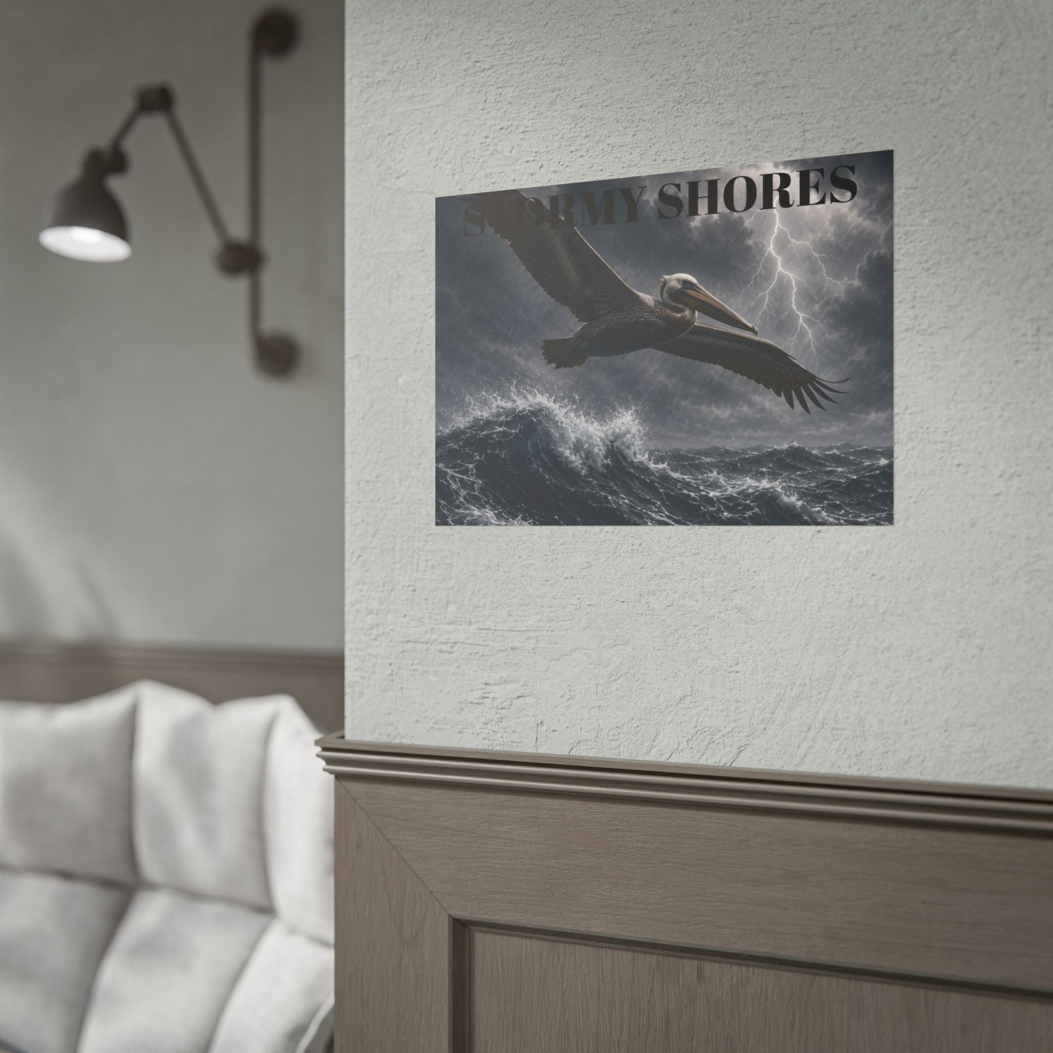 Stormy Shores Pelican Poster — Dramatic Ocean Wall Art, Rolled Poster