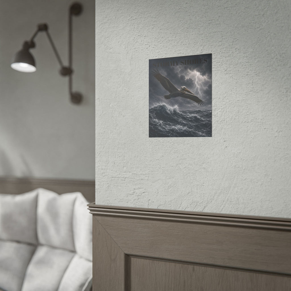 Stormy Shores Pelican Poster — Dramatic Ocean Wall Art, Rolled Poster