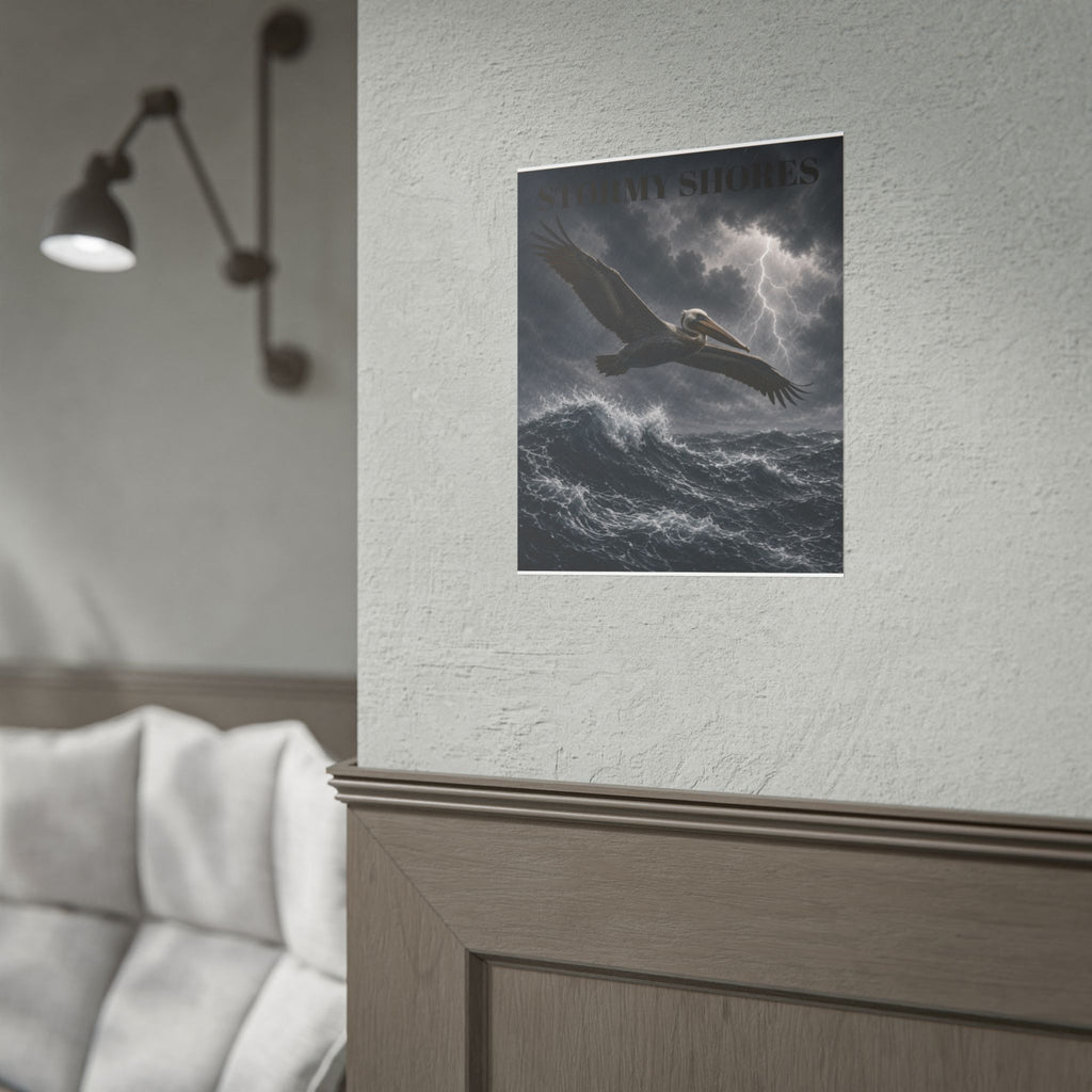 Stormy Shores Pelican Poster — Dramatic Ocean Wall Art, Rolled Poster