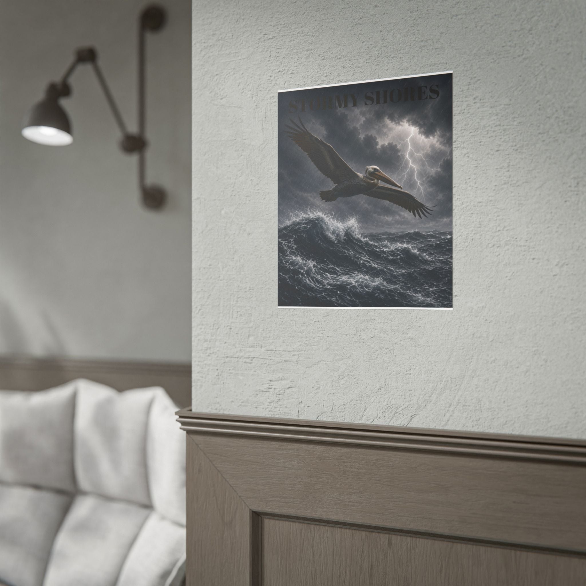 Stormy Shores Pelican Poster — Dramatic Ocean Wall Art, Rolled Poster