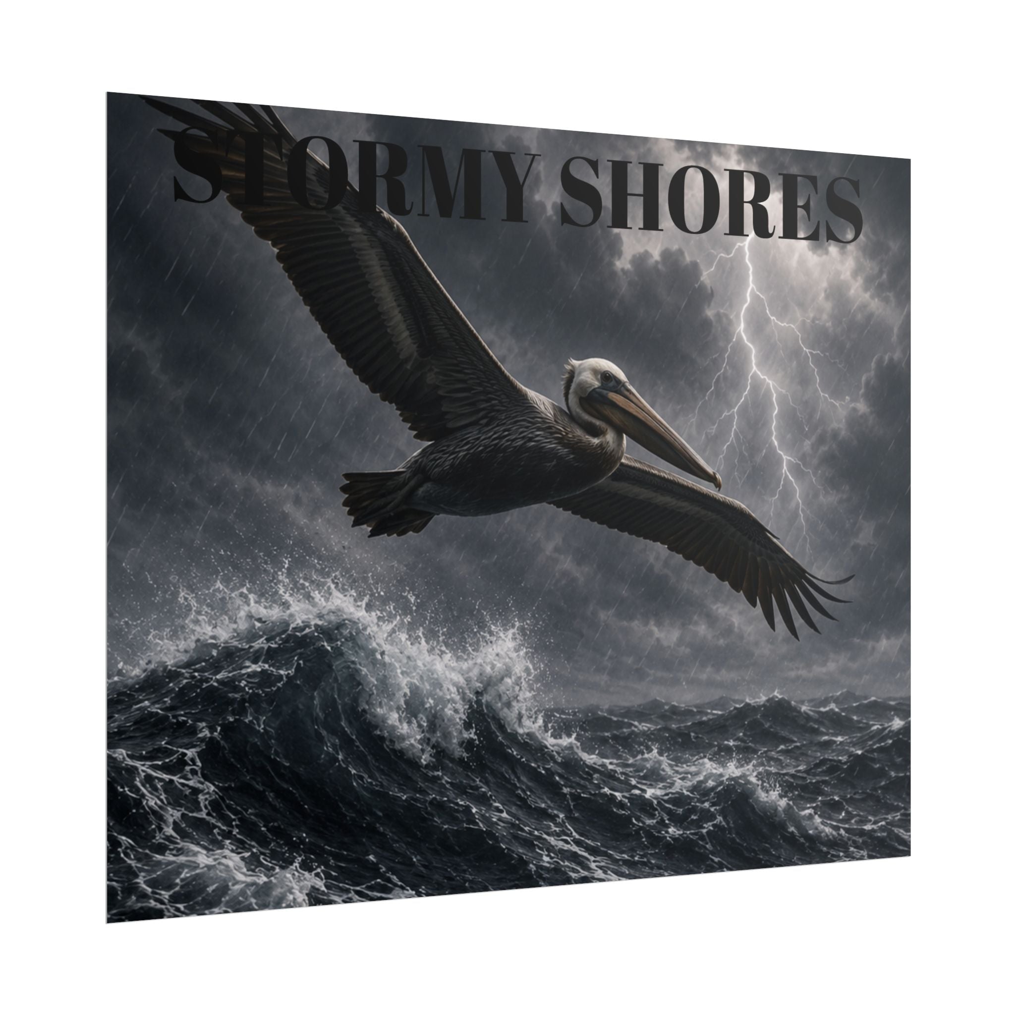 Stormy Shores Pelican Poster — Dramatic Ocean Wall Art, Rolled Poster