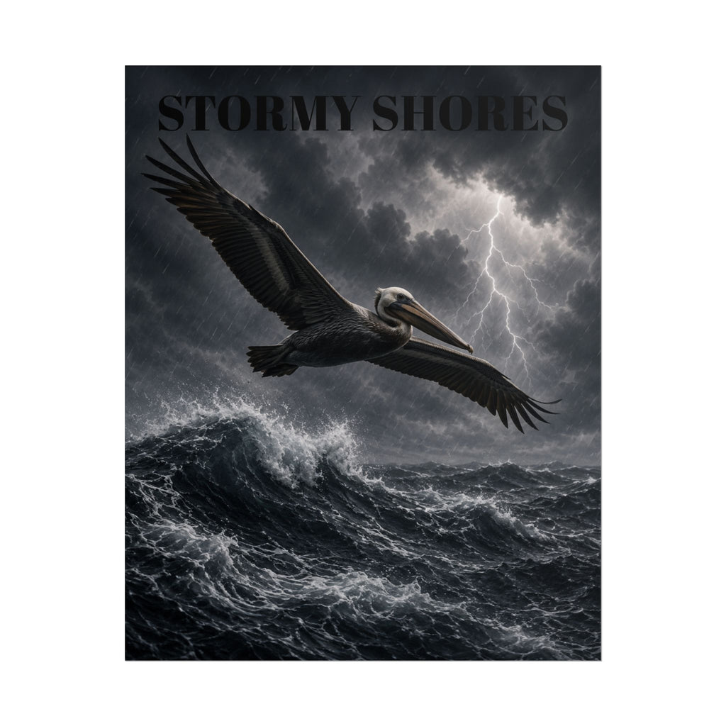Stormy Shores Pelican Poster — Dramatic Ocean Wall Art, Rolled Poster