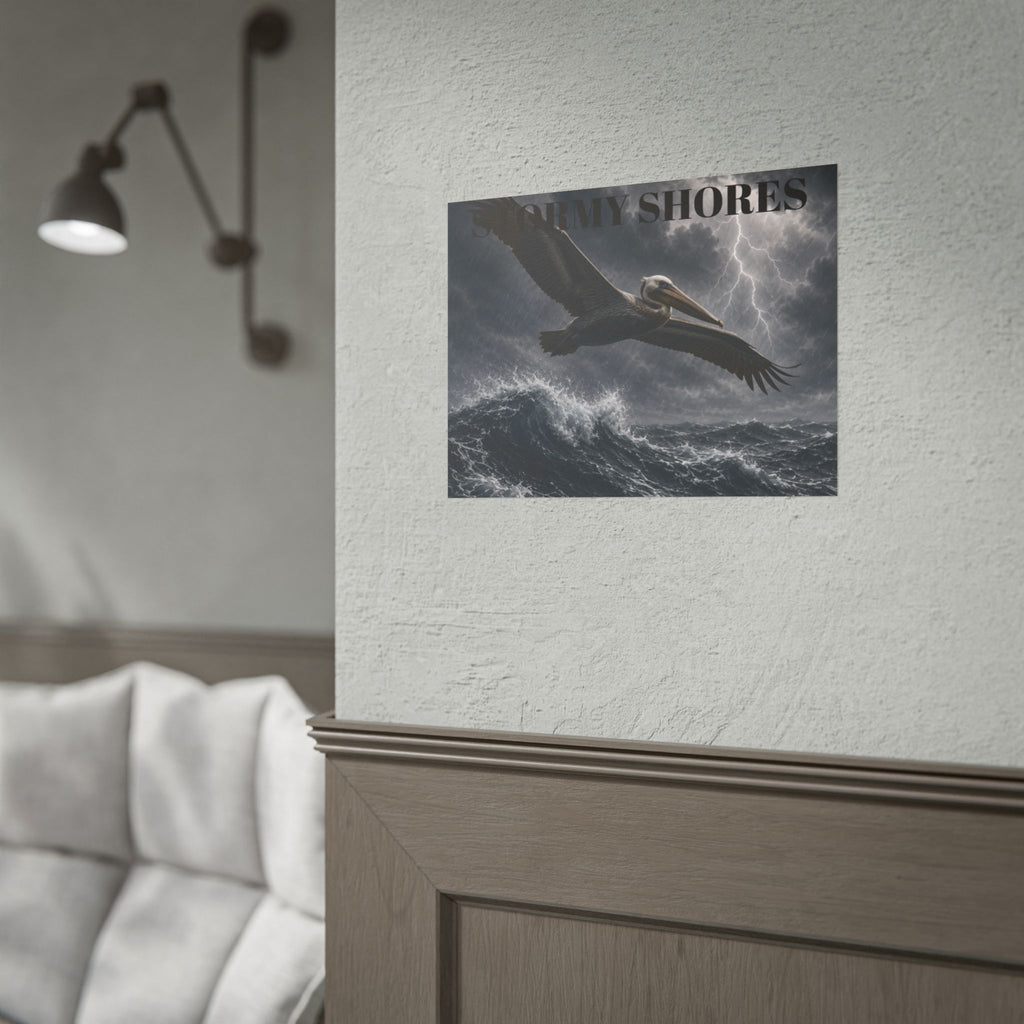 Stormy Shores Pelican Poster — Dramatic Ocean Wall Art, Rolled Poster