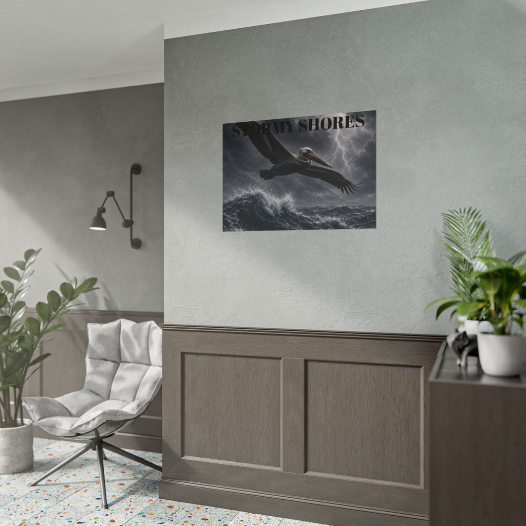 Stormy Shores Pelican Poster — Dramatic Ocean Wall Art, Rolled Poster