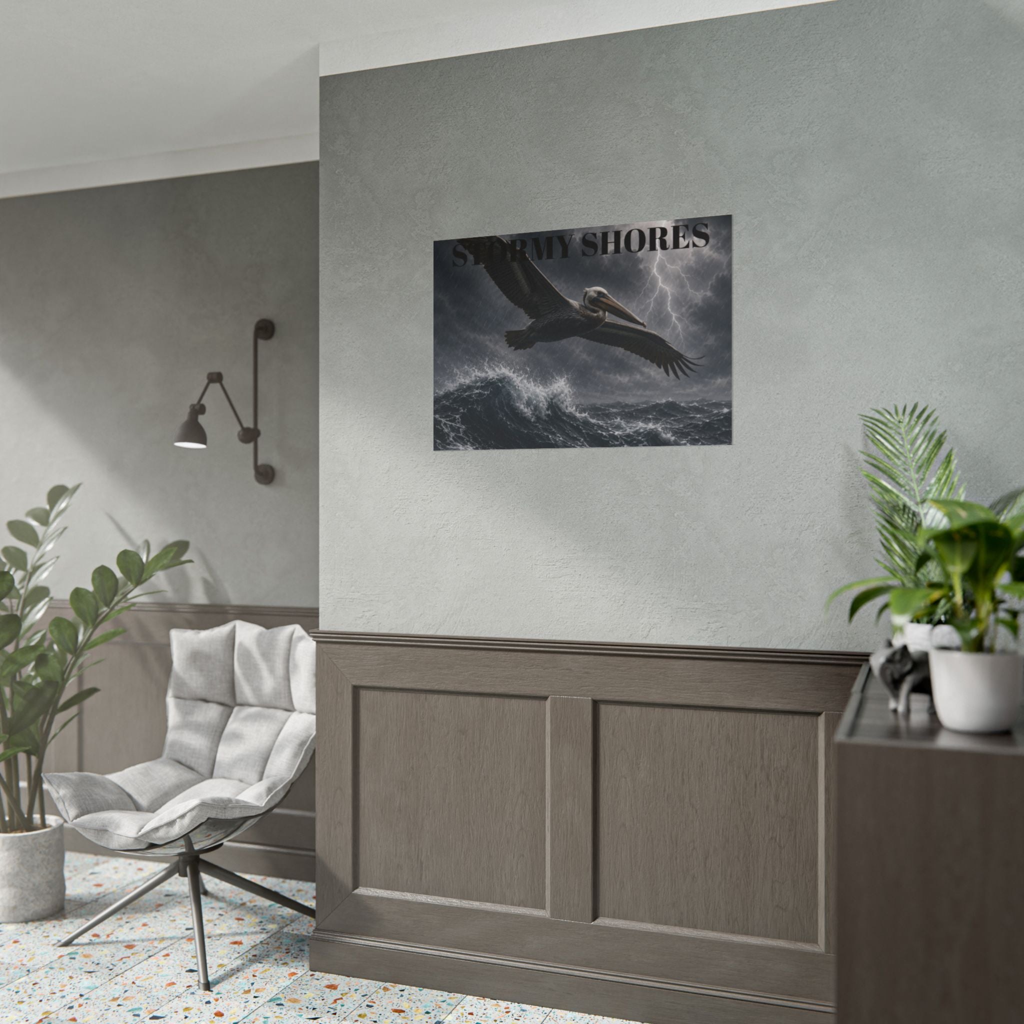 Stormy Shores Pelican Poster — Dramatic Ocean Wall Art, Rolled Poster