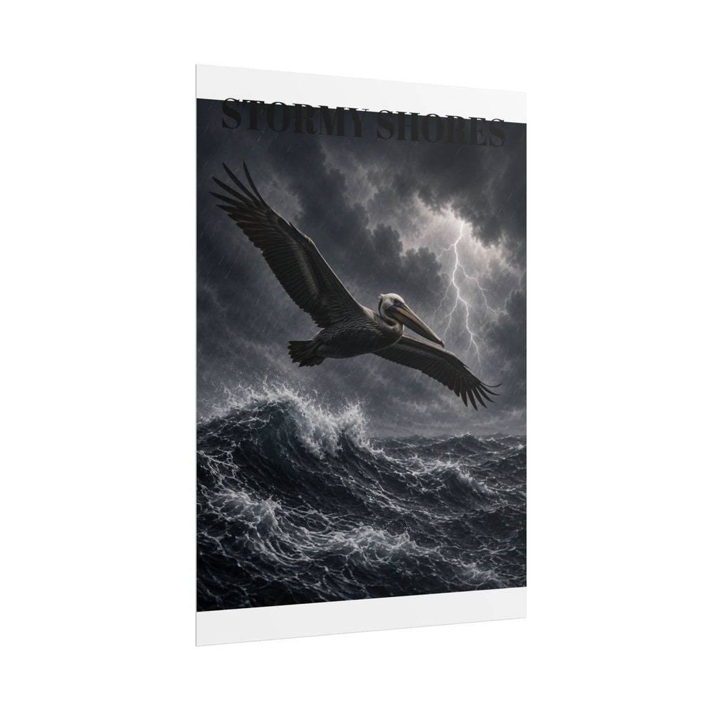 Stormy Shores Pelican Poster — Dramatic Ocean Wall Art, Rolled Poster