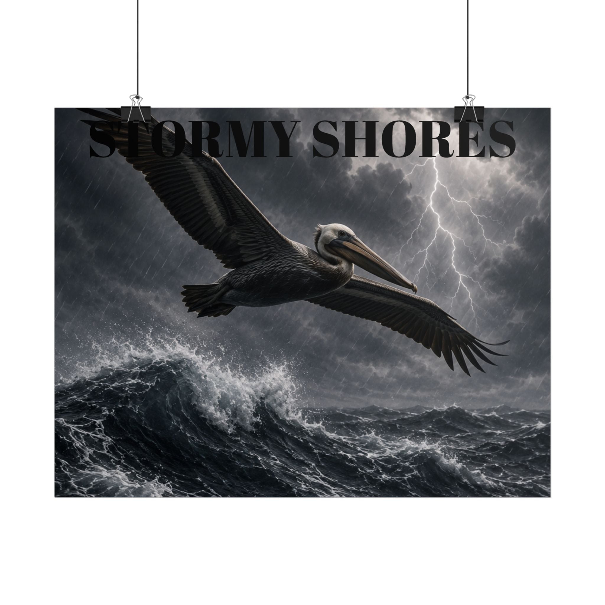 Stormy Shores Pelican Poster — Dramatic Ocean Wall Art, Rolled Poster
