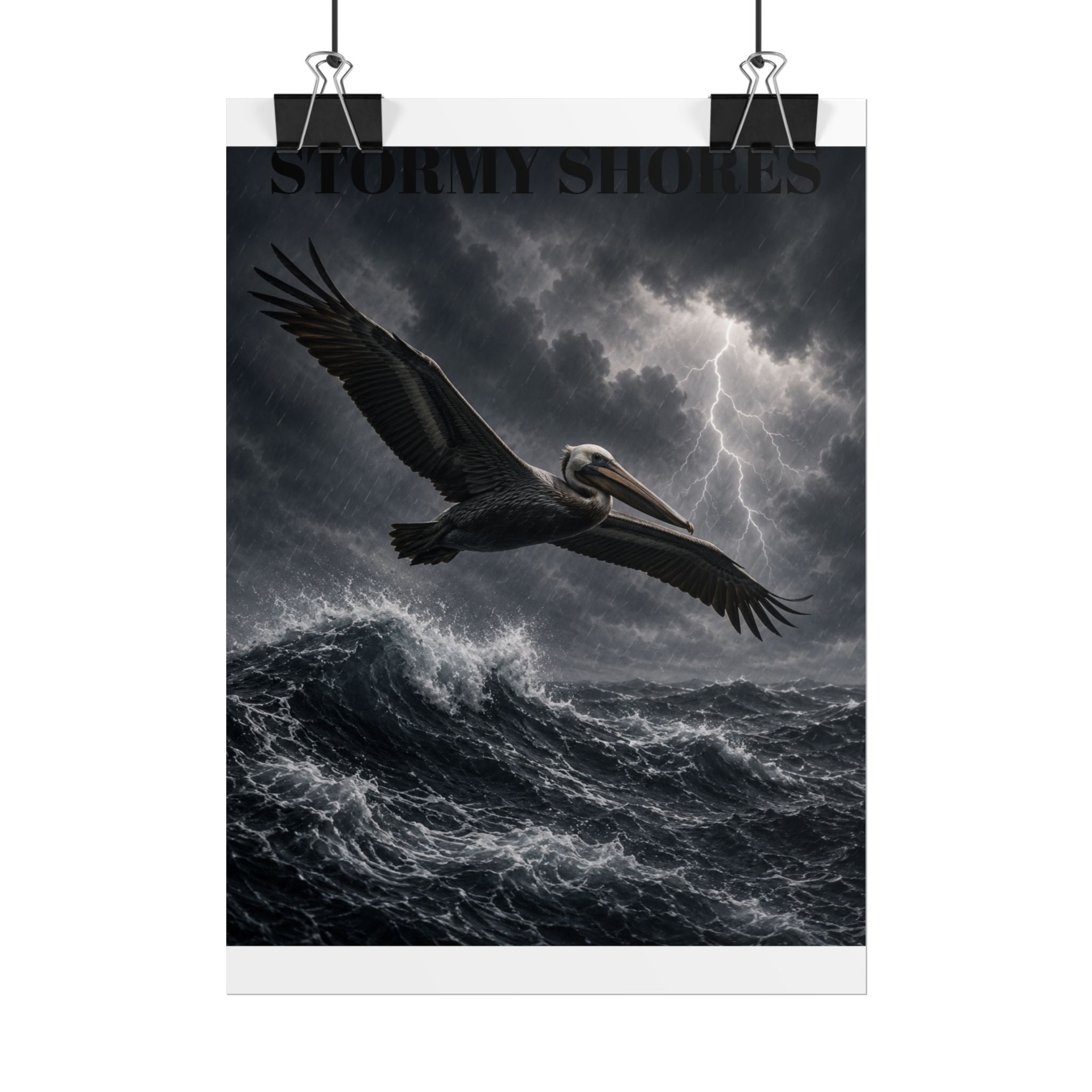 Stormy Shores Pelican Poster — Dramatic Ocean Wall Art, Rolled Poster