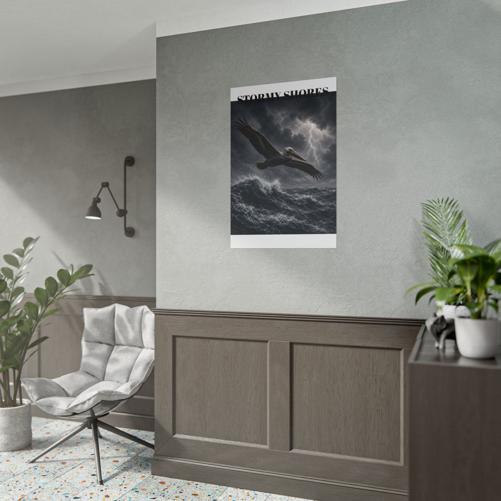 Stormy Shores Pelican Poster — Dramatic Ocean Wall Art, Rolled Poster